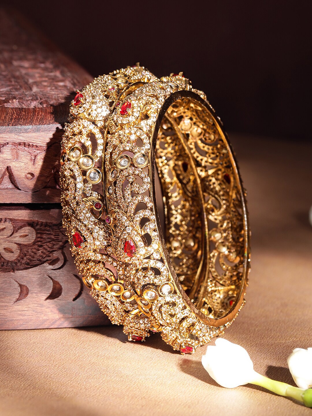 

Rubans Set Of 2 22KT Gold-Plated CZ & Kemp Crystals-Studded Bangles