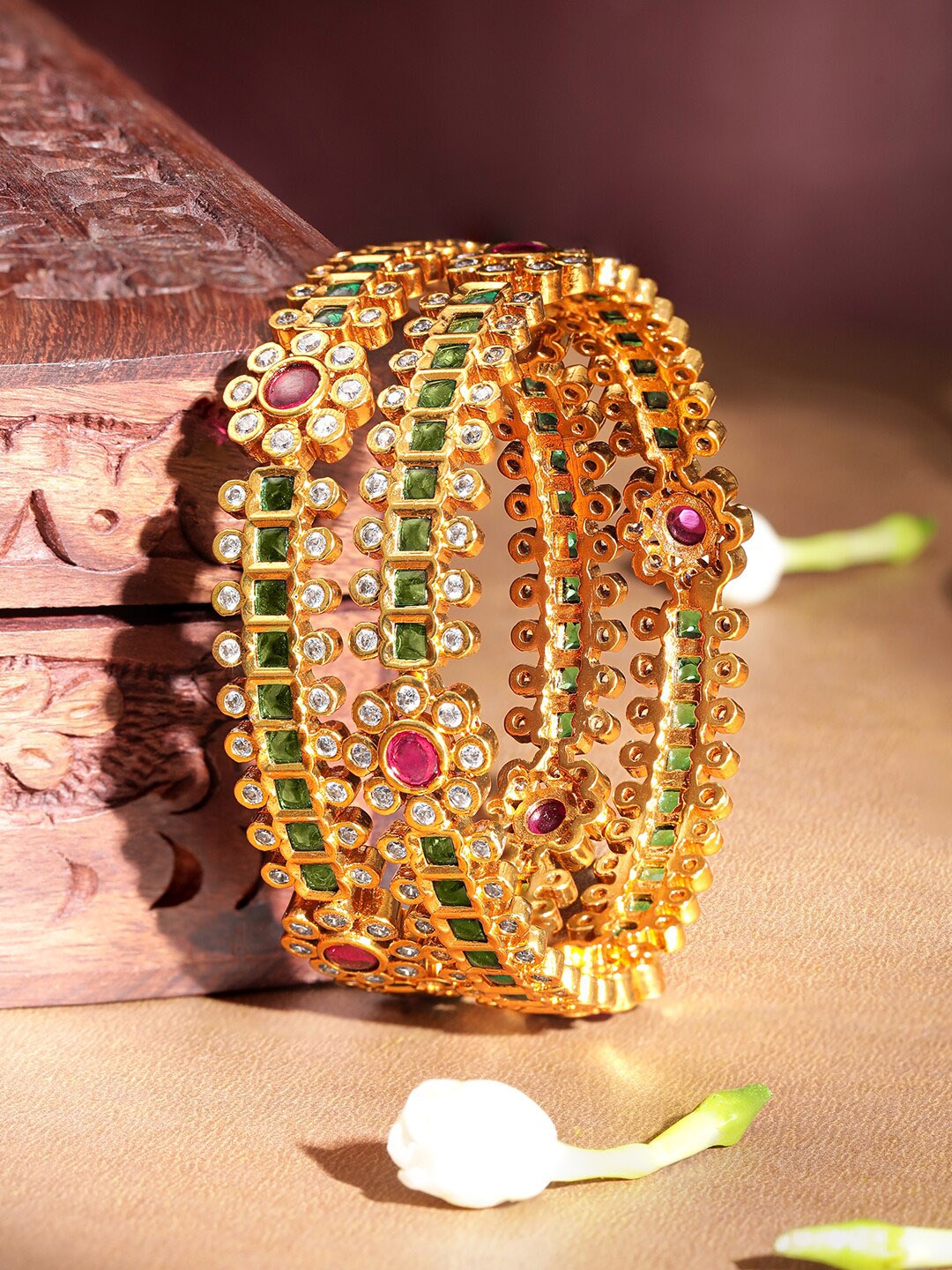 

Rubans Set Of 2 Gold Plated Crystals Studded Bangles