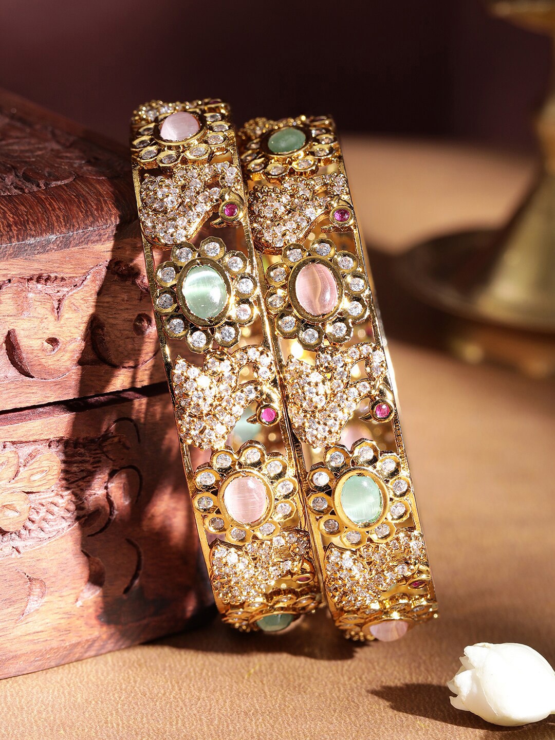 

Rubans Set of 2 22K Gold Plated Pastel Pink, Green & Cubic Zirconia Studded Premium Bangle