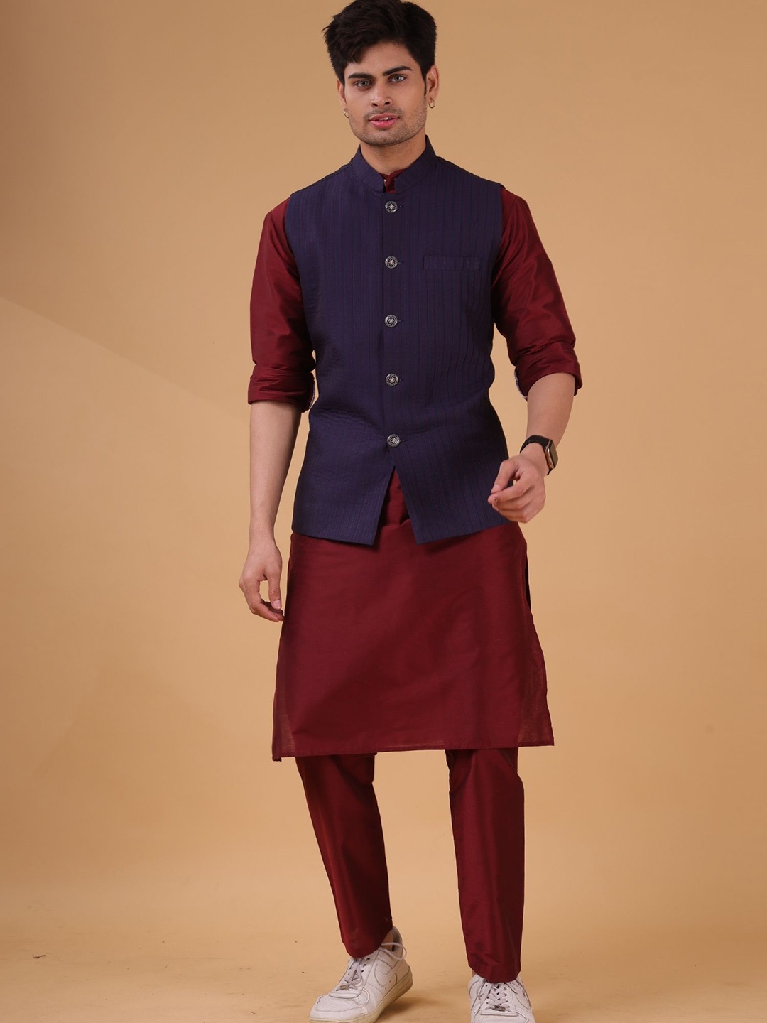 

SHIWAM ETHNIX Mandarin Collar Cotton Silk Straight Kurta & Trouser With Nehru Jacket, Red