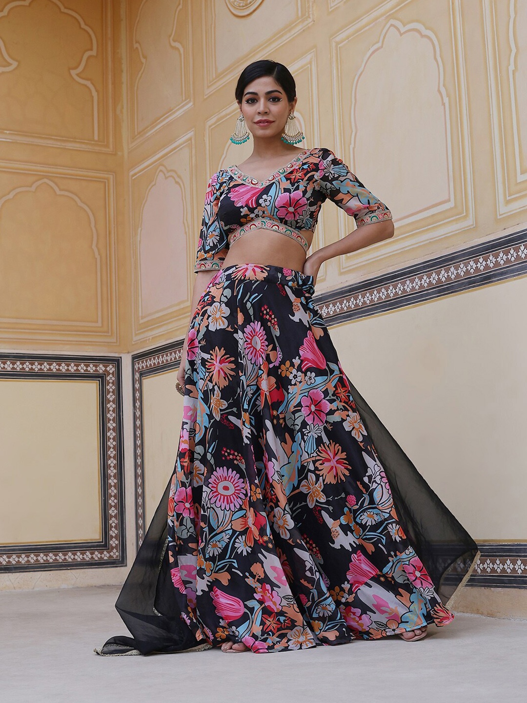 

AKS Couture Floral Printed Ready to Wear Lehenga & Blouse With Dupatta, Black