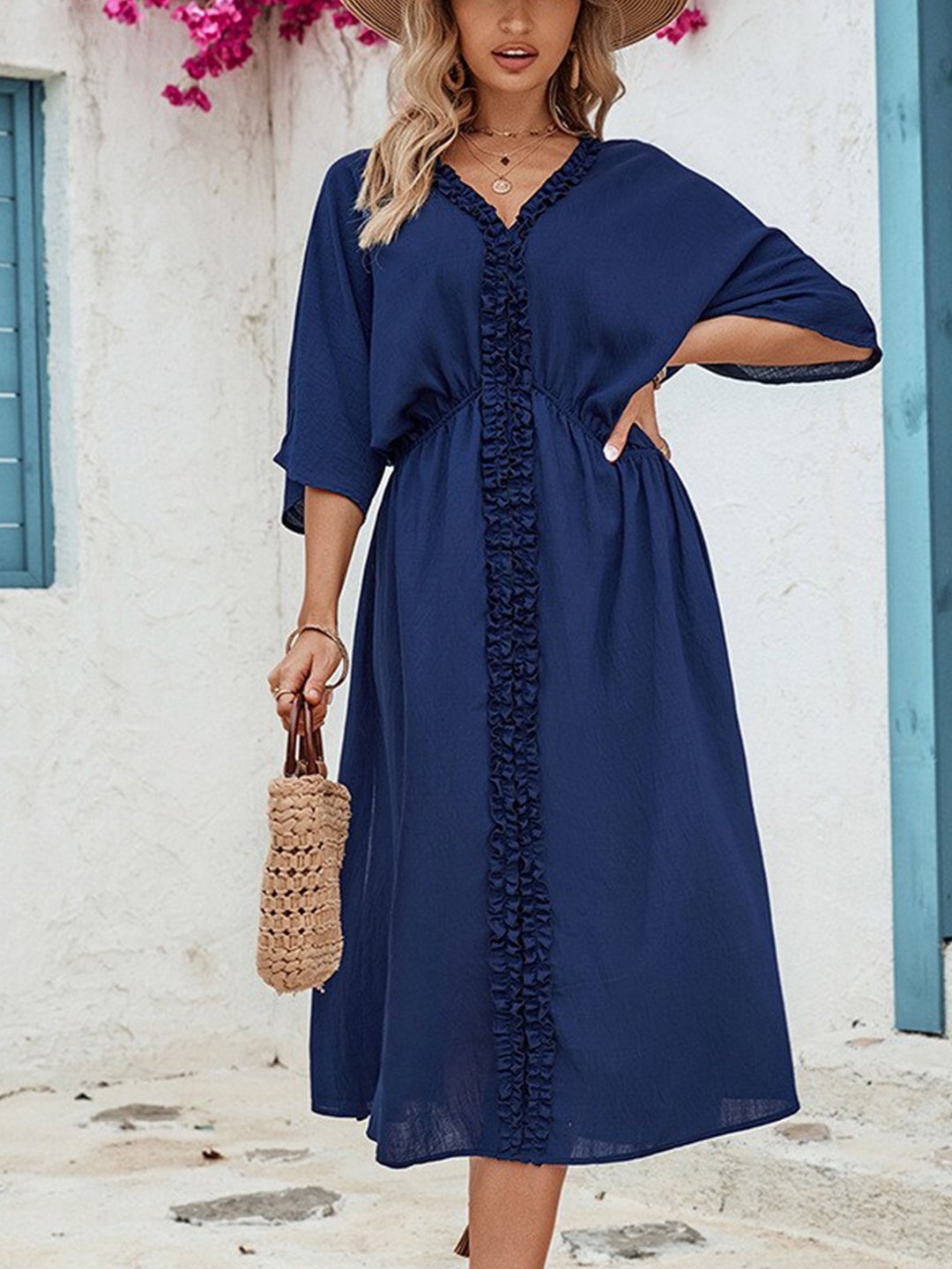 

StyleCast Blue V-Neck Kimono Sleeves Ruffles A-Line Midi Dress