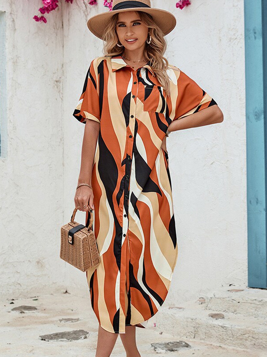 

StyleCast Orange Abstract Printed Shirt Midi Dress