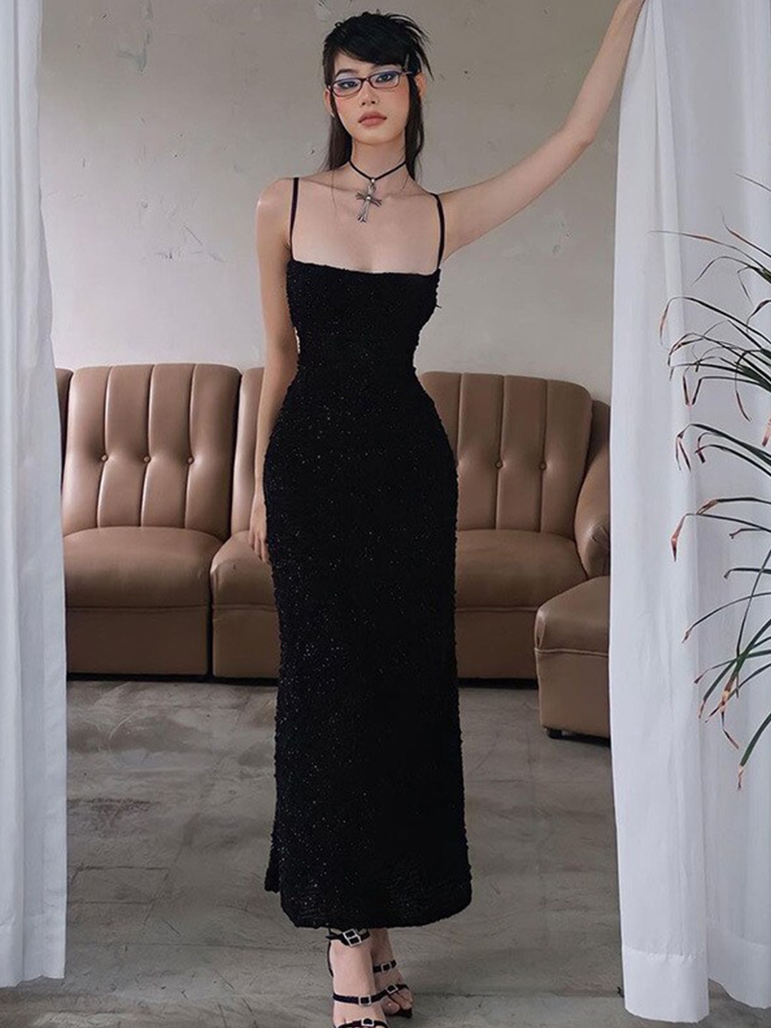 

StyleCast Black Embellished Shoulder Straps Maxi Dress