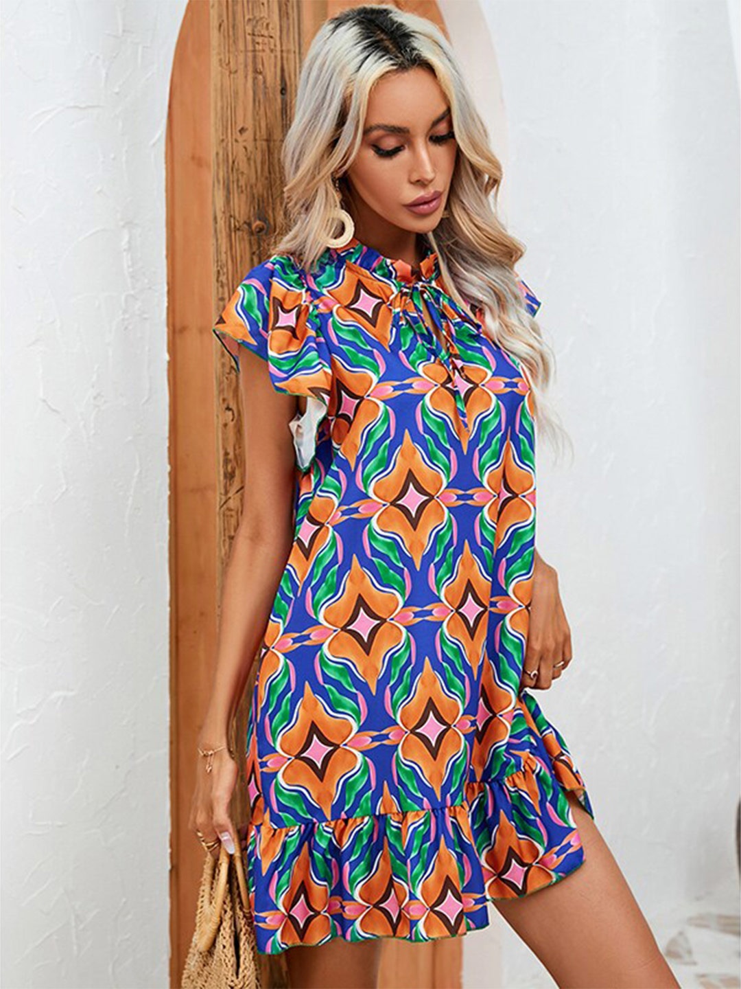 

StyleCast Orange-Coloured Ethnic Motifs Printed Tie-Up Neck Flutter Sleeves A-Line Dress