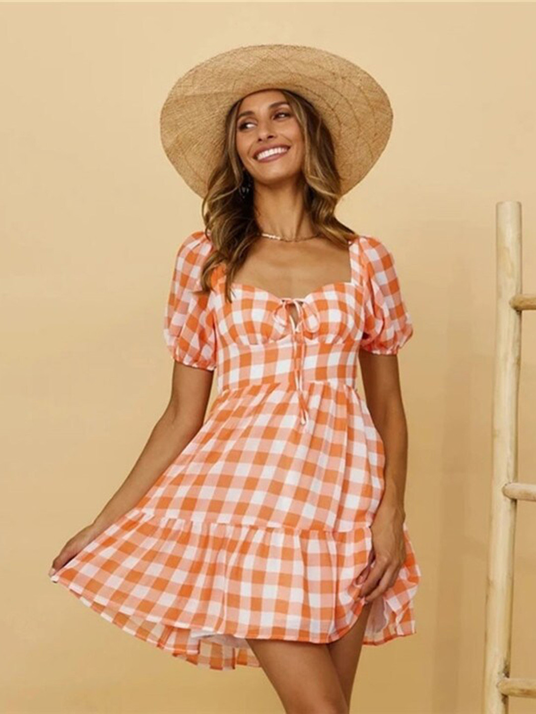 

StyleCast Orange Sweetheart Neck Checked Flounce A-Line Dress