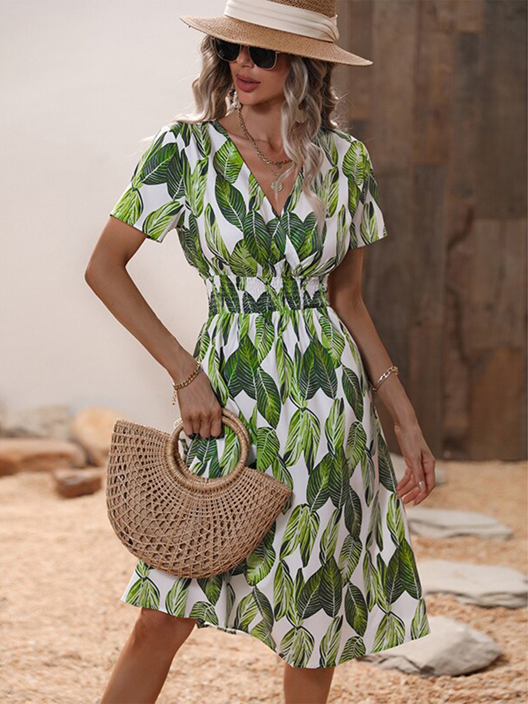 

StyleCast Green Tropical Printed Midi A-Line Dress