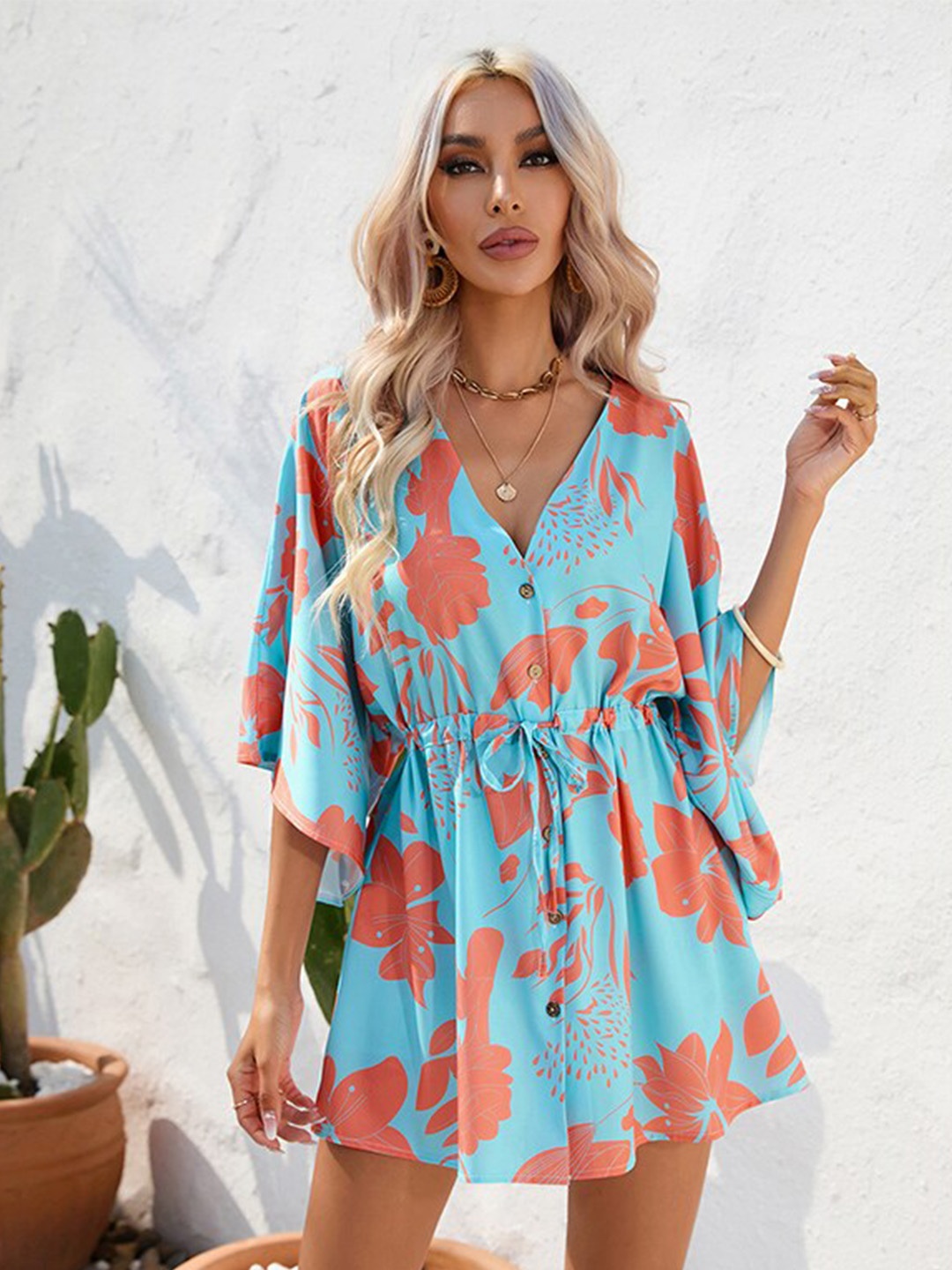 

StyleCast Blue Floral Printed Flared Sleeve Tie Ups A-Line Mini Dress