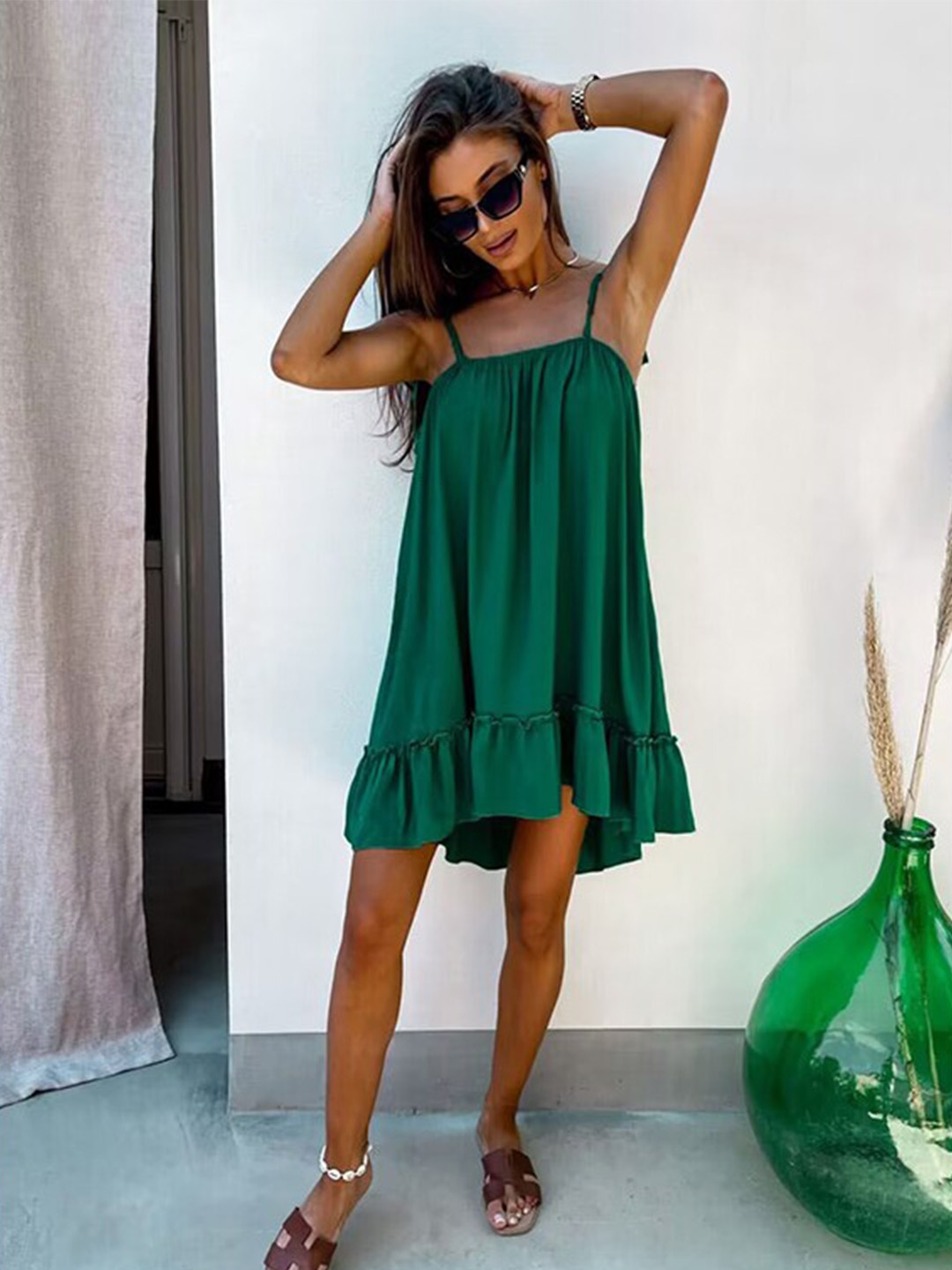 

StyleCast Green Shoulder Straps Layered A-Line Dress