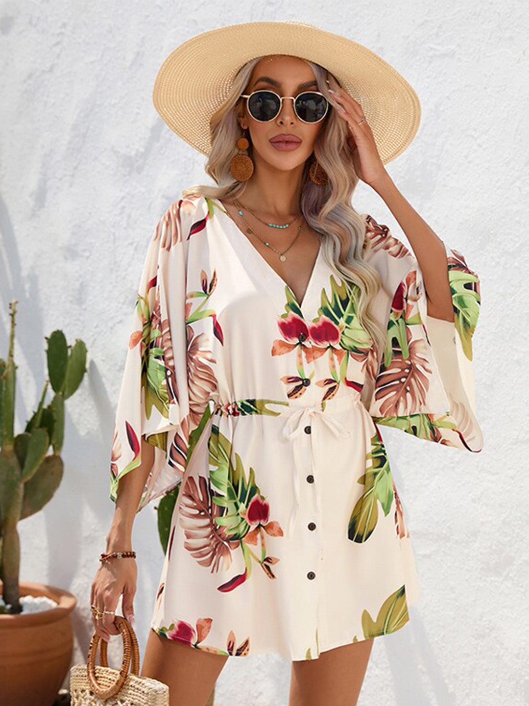 

StyleCast Beige Floral Print Flared Sleeves V-Neck A-Line Dress