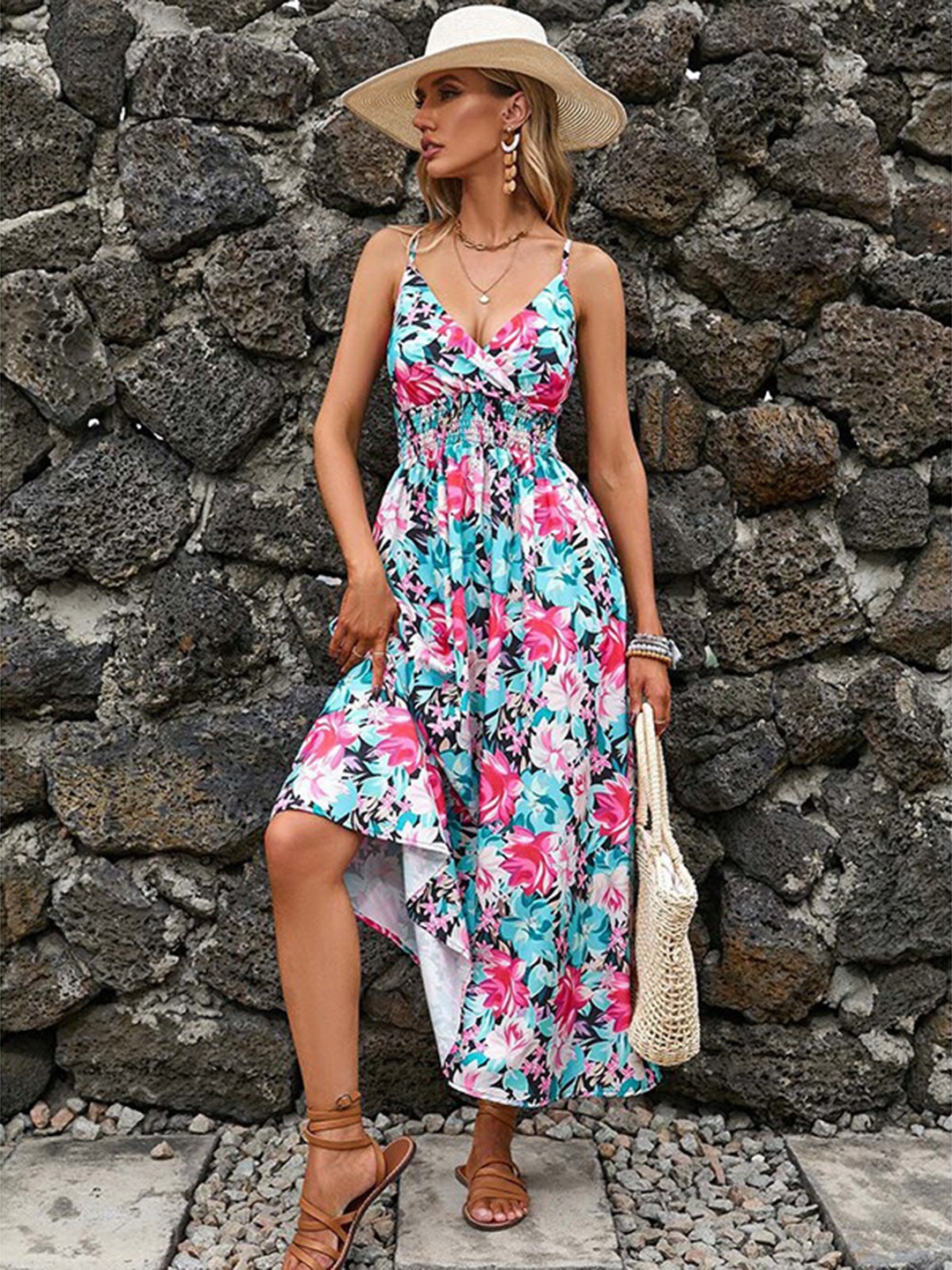 

StyleCast Green & Pink Floral Printed Shoulder Straps Smocked Fit & Flare Midi Dress