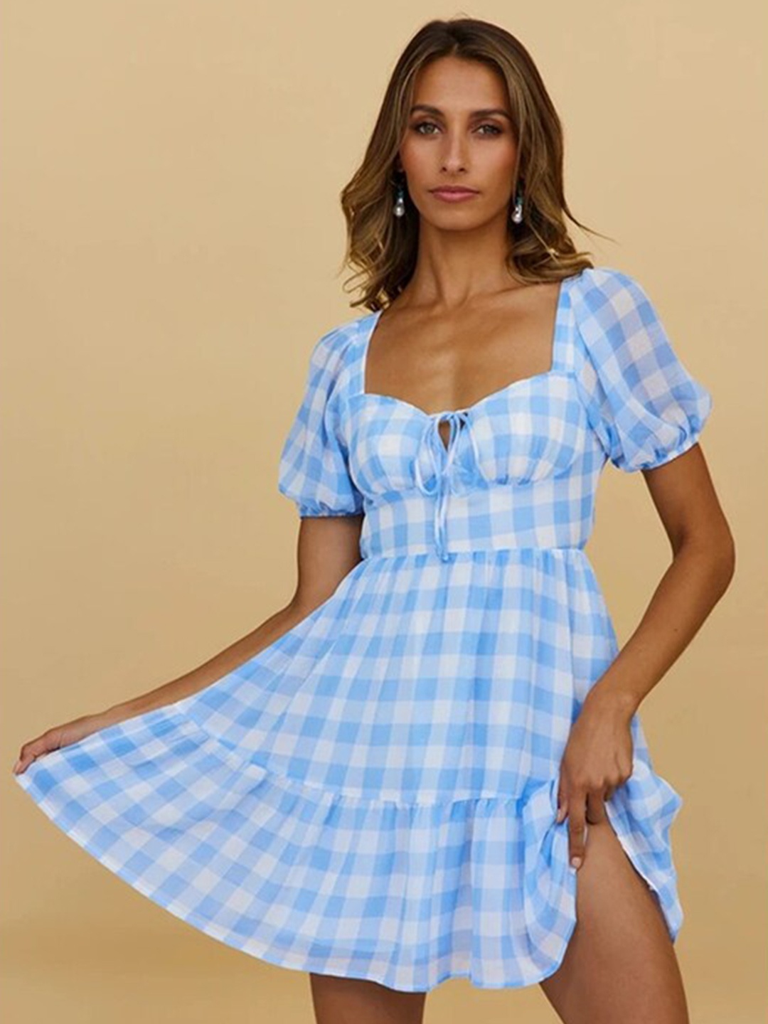 

StyleCast Blue Checked Sweetheart Neck Puff Sleeve Layered Fit & Flare Dress