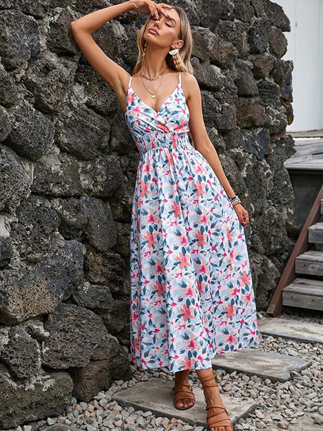 

StyleCast White & Pink Floral Printed Shoulder Straps Smocked Fit & Flare Midi Dress