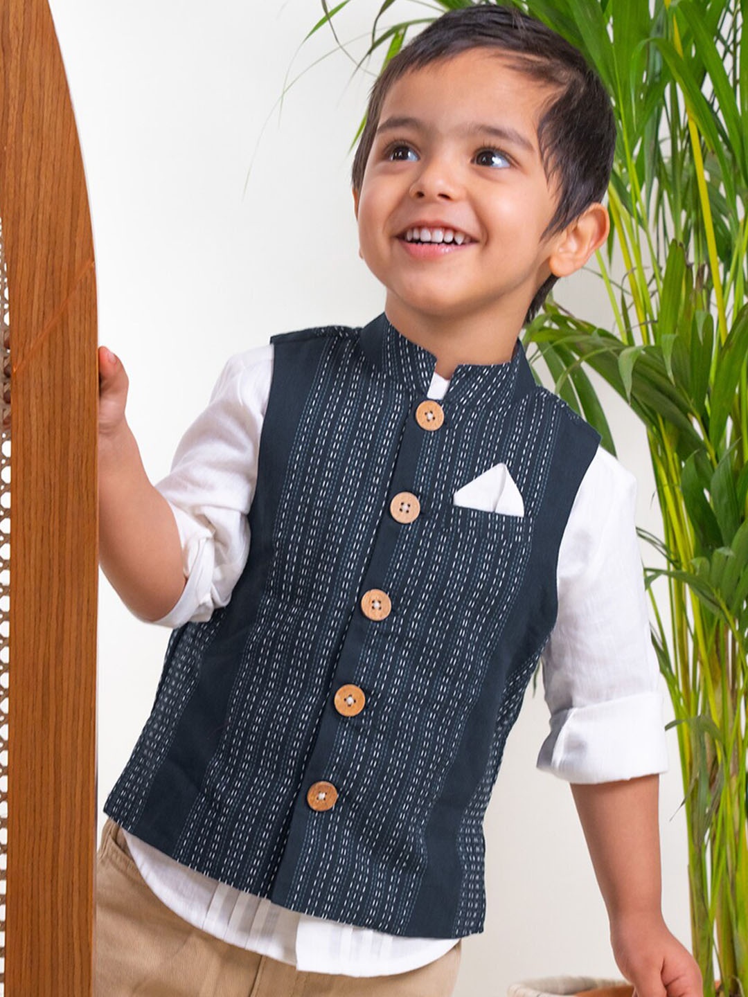

Tiber Taber Boys Striped Pure Cotton Nehru Jacket, Blue