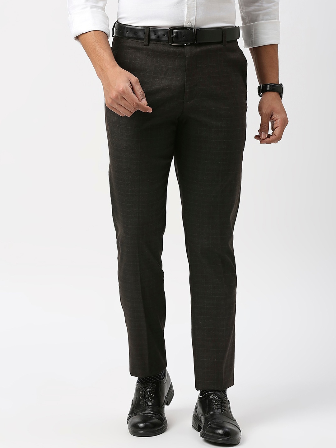

Berkshire Men Smart Slim Fit Mid-Rise Checked Easy Wash Formal Trousers, Brown