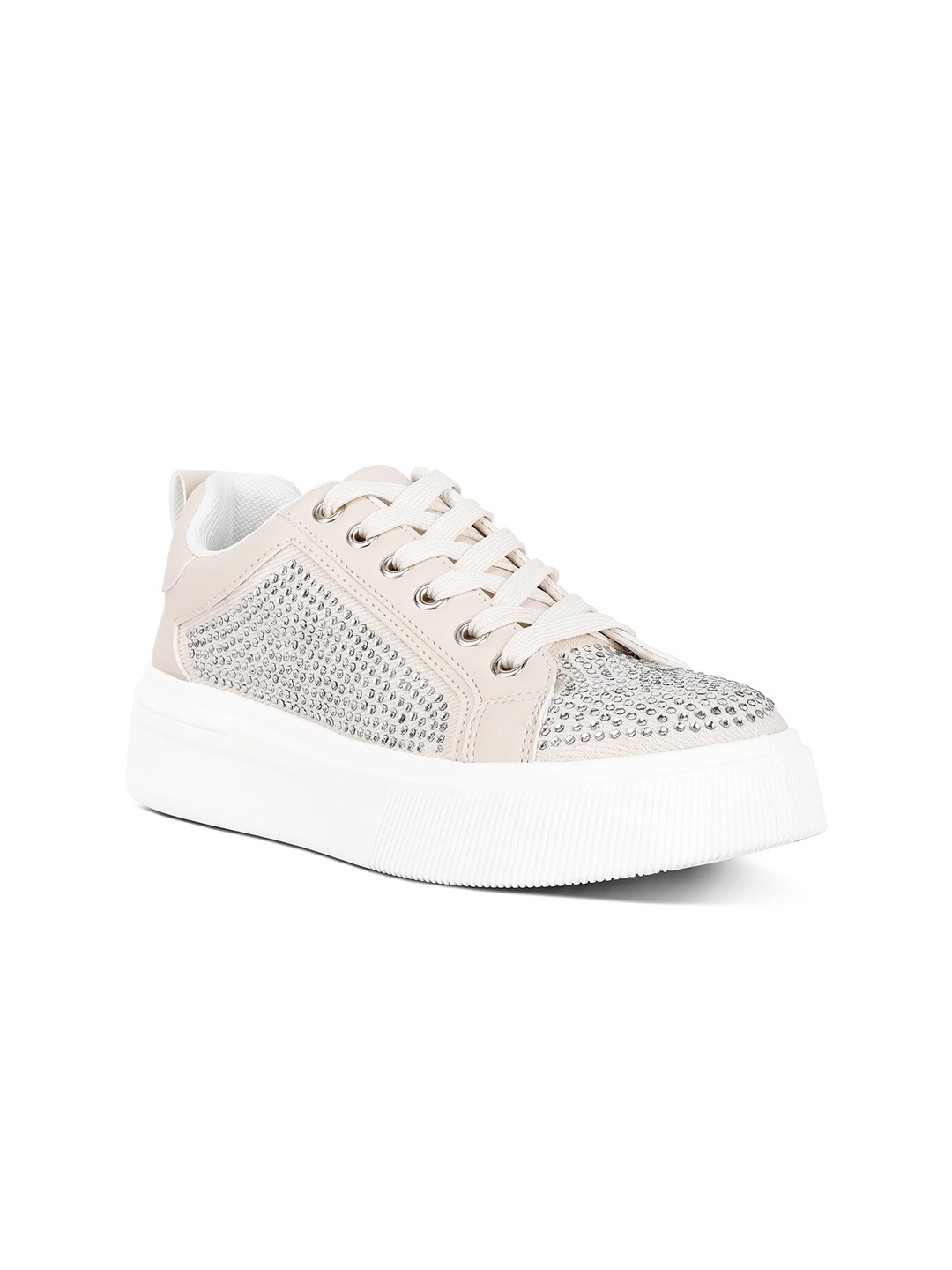 

London Rag Women Embellished PU Sneakers, Off white