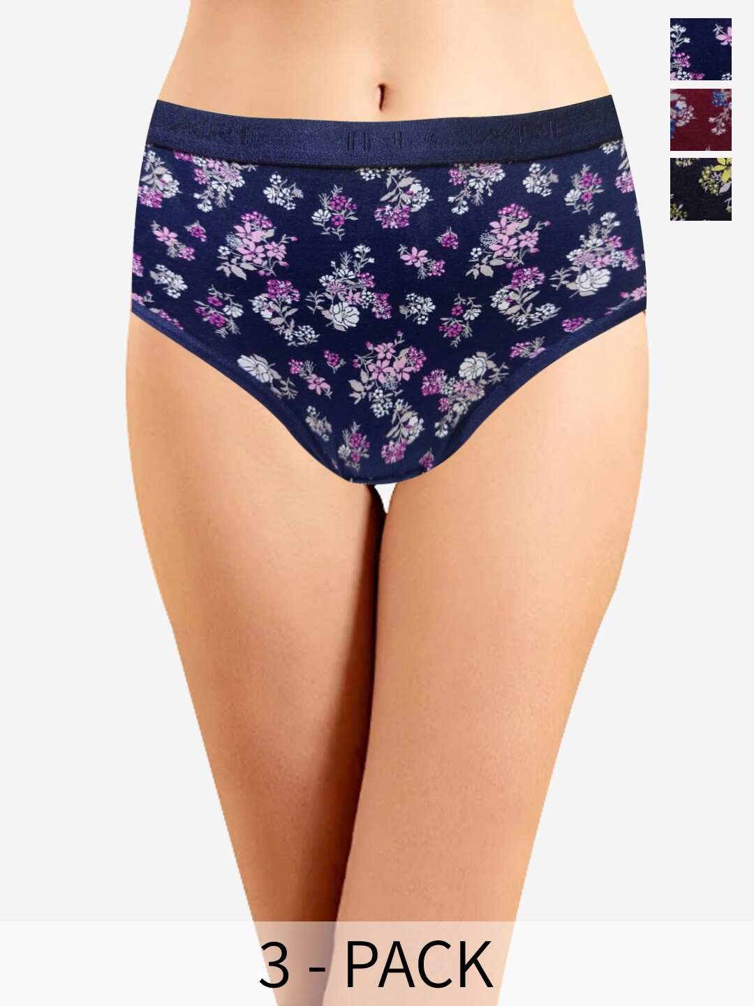 

In Care Women Pack Of 3 Floral Printed Anti Microbial Pure Cotton Hipster Briefs, Navy blue