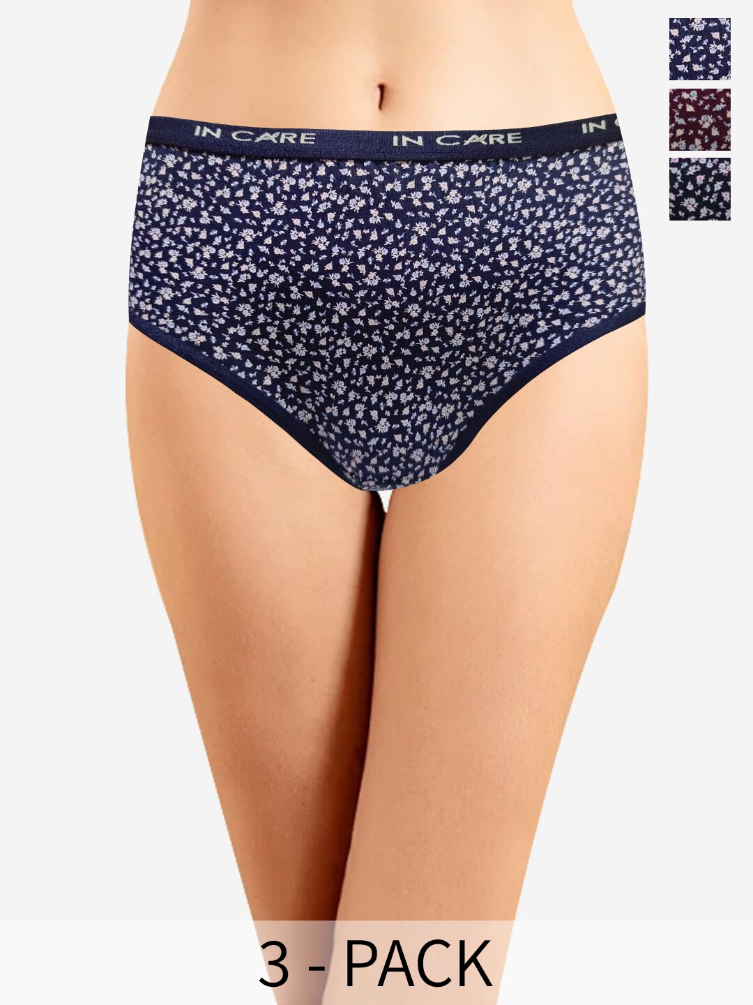 

In Care Women Pack Of 3 Floral Printed Pure Cotton Hipster Briefs, Navy blue