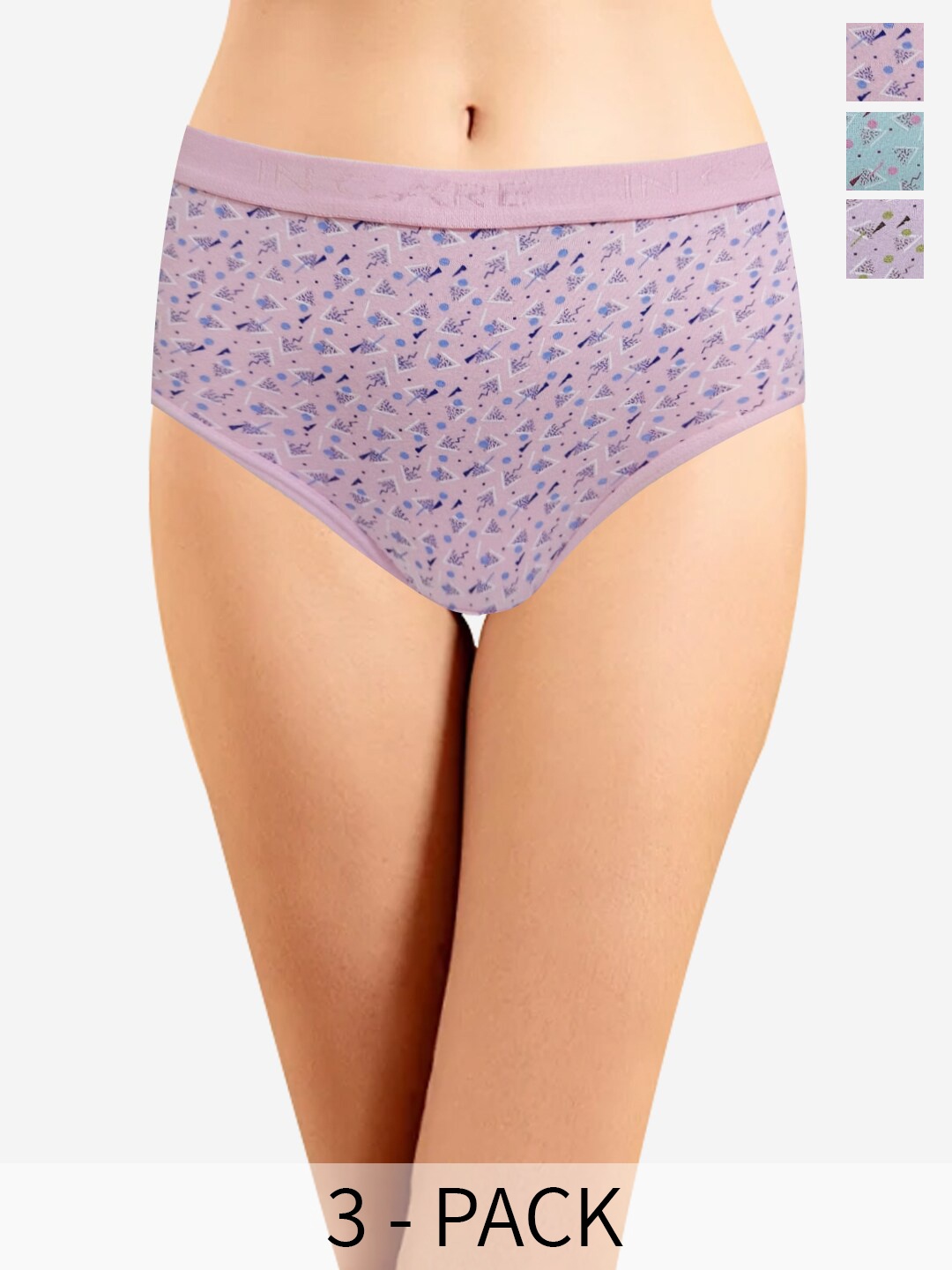 

In Care Women Pack Of 3 Geometric Printed Pure Cotton Hipster Briefs, Purple