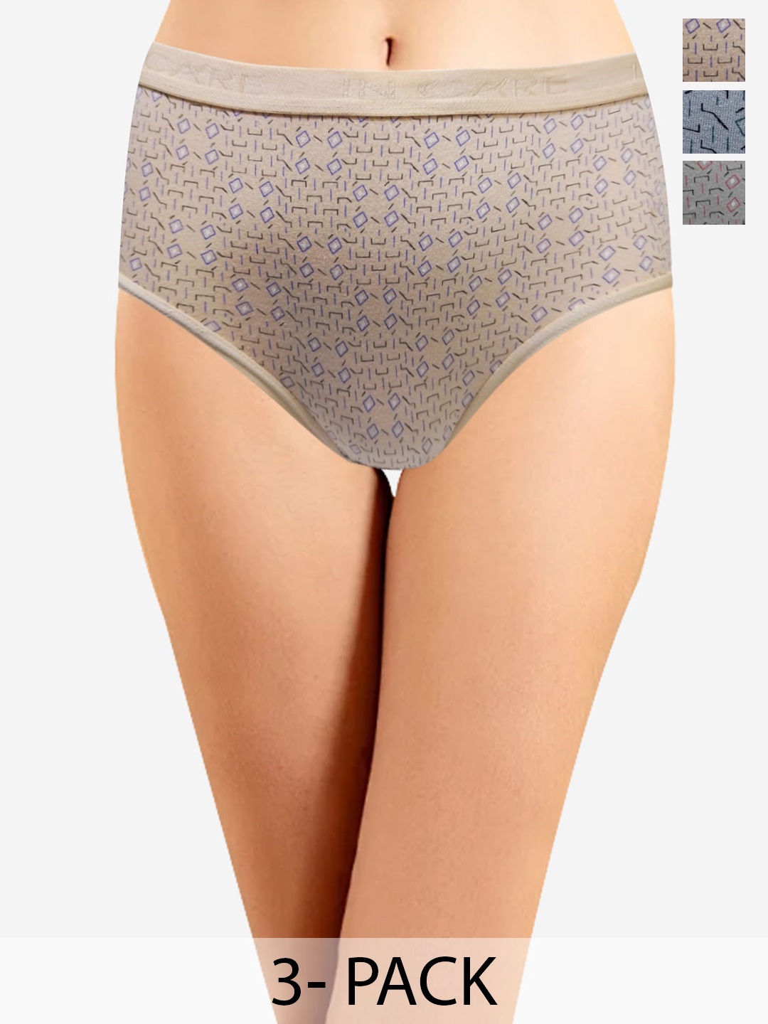 

In Care Women Pack Of 3 Geometric Printed Pure Cotton Hipster Briefs, Beige