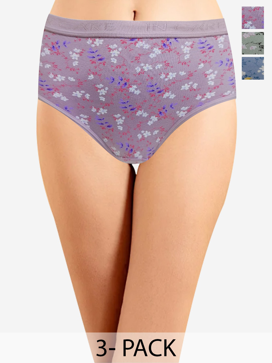 

In Care Women Pack Of 3 Floral Printed Pure Cotton Hipster Briefs, Purple