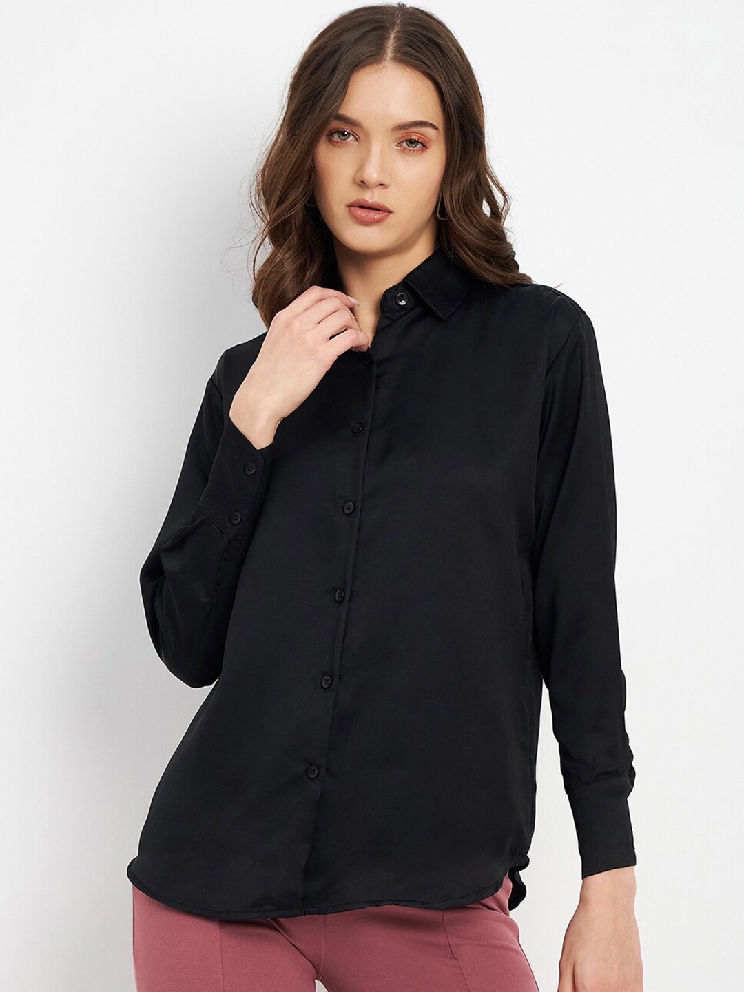 

DELAN Relaxed Spread Collar Long Sleeves SatinParty Shirt, Black