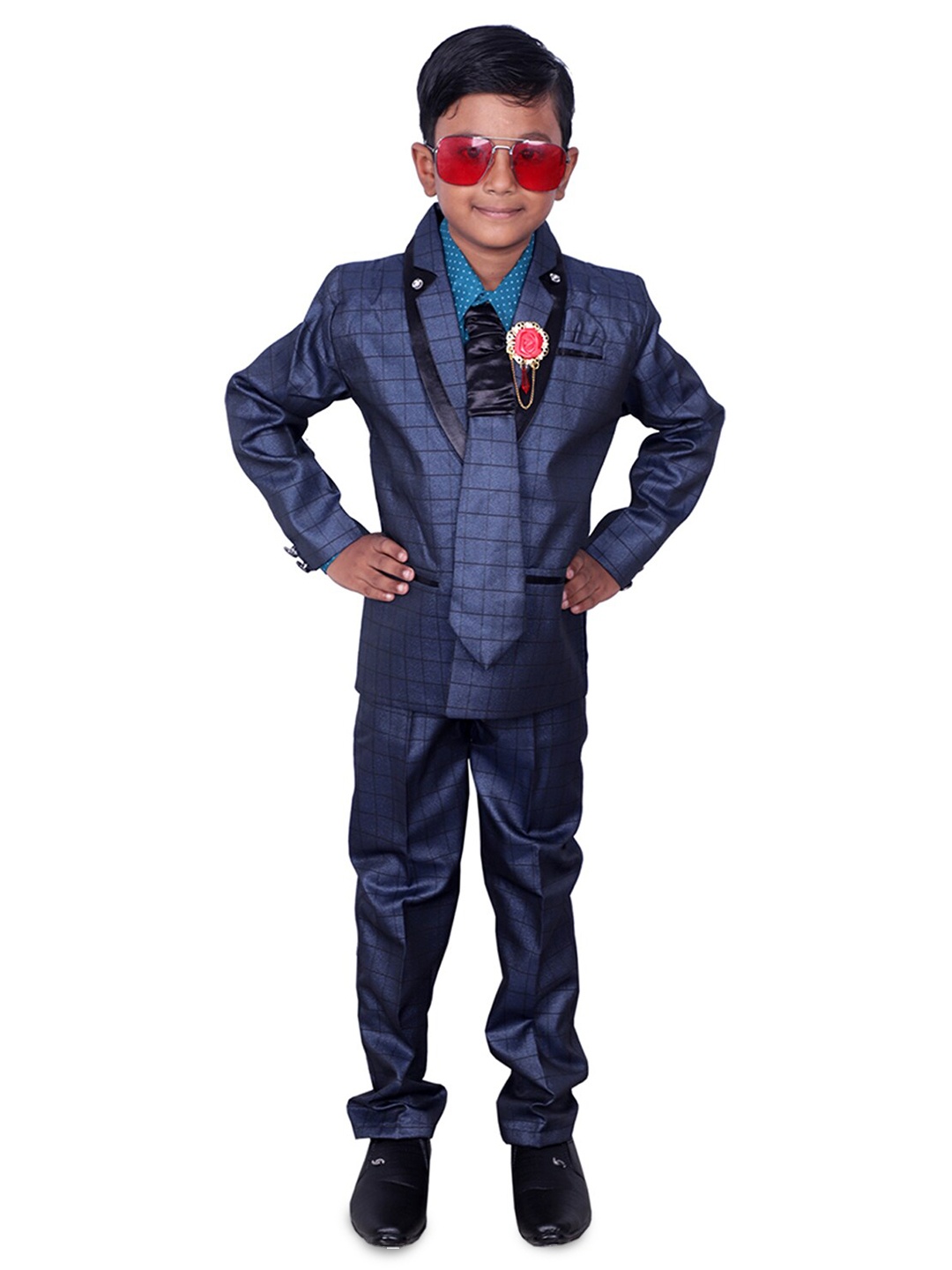 

BAESD Checked Notched Lapel Collar Single-Breasted 4-Piece Party Suit, Blue