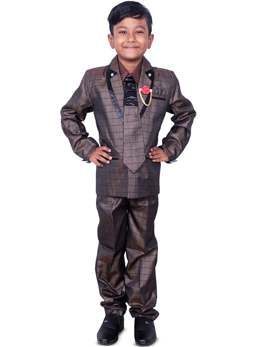 

BAESD Boys Checked Single-Breasted 4 Piece Suit, Brown