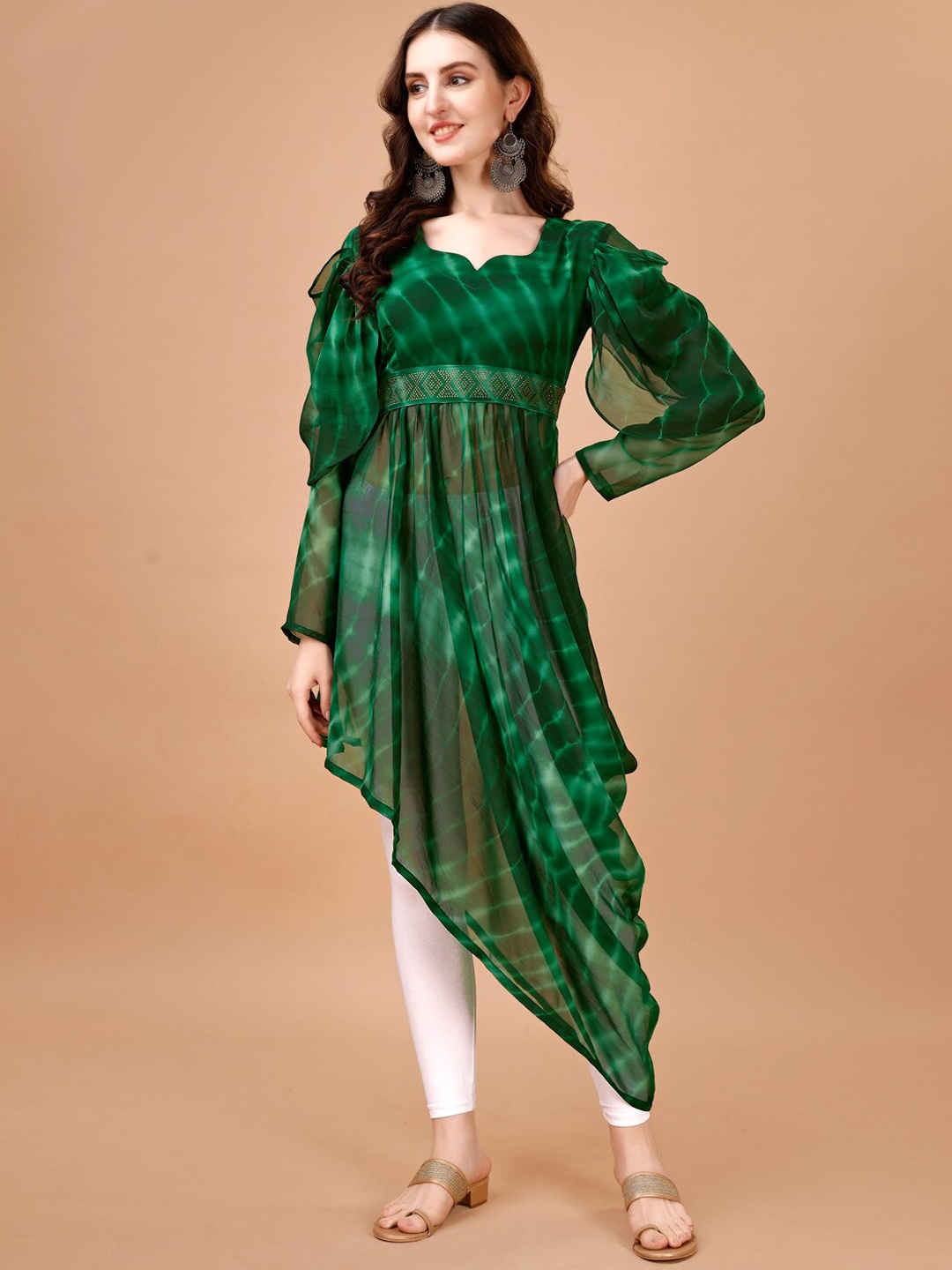 

PMD Fashion Striped Printed Georgette Hig Low Kurta, Green