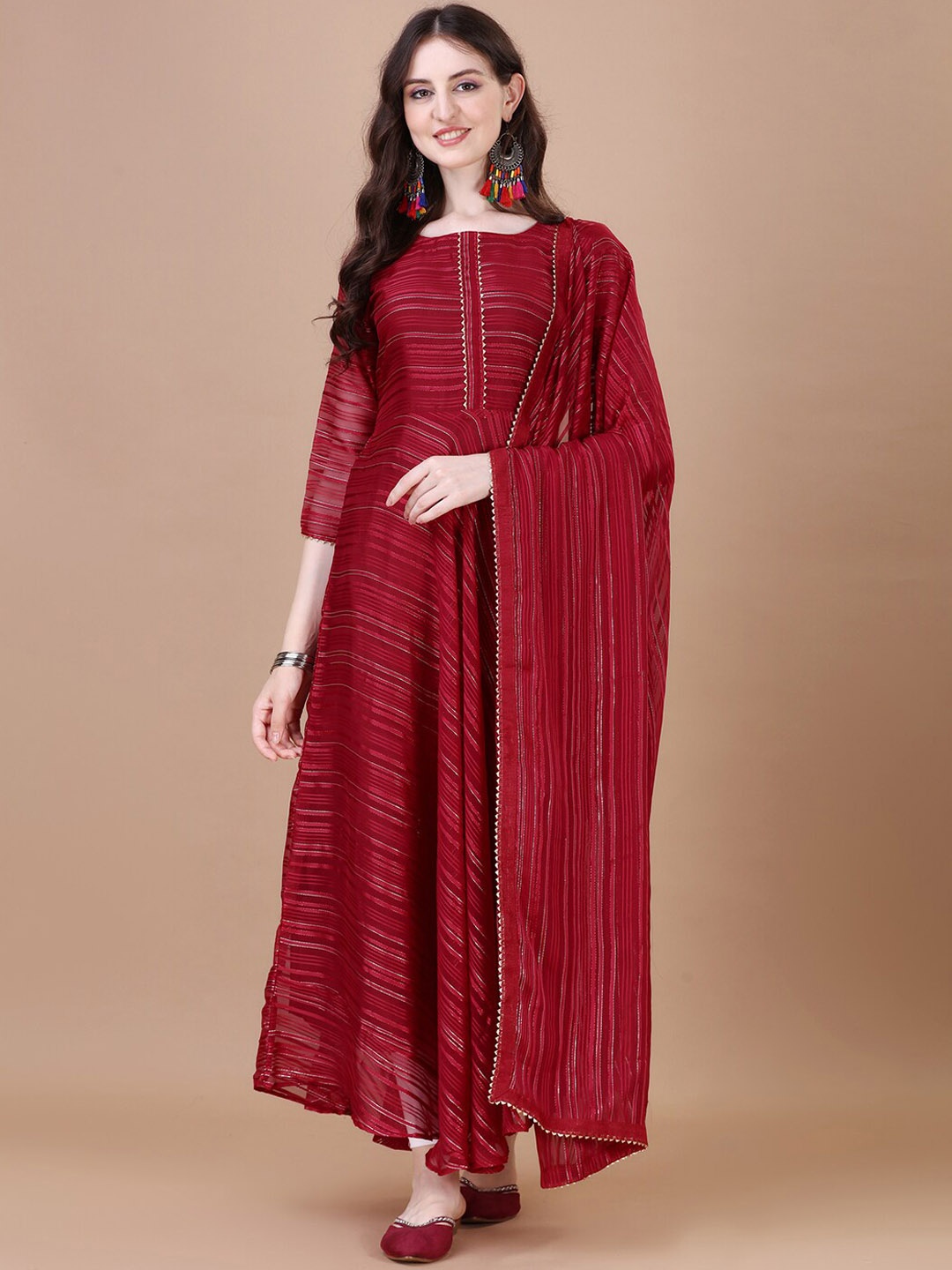 

PMD Fashion Striped Boat Neck Gotta Patti Georgette Anarkali Kurta, Maroon