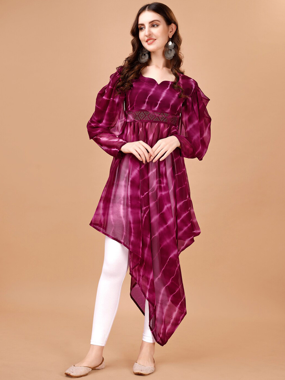 

PMD Fashion Women Dyed Flared Sleeves Pastels Georgette Kaftan Kurta, Purple