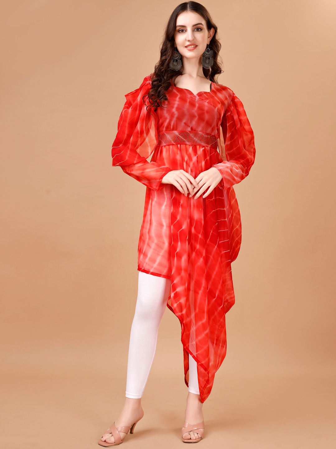 

PMD Fashion Dyed Flared Sleeves Mirror Work Pastels Georgette Kaftan Kurta, Red