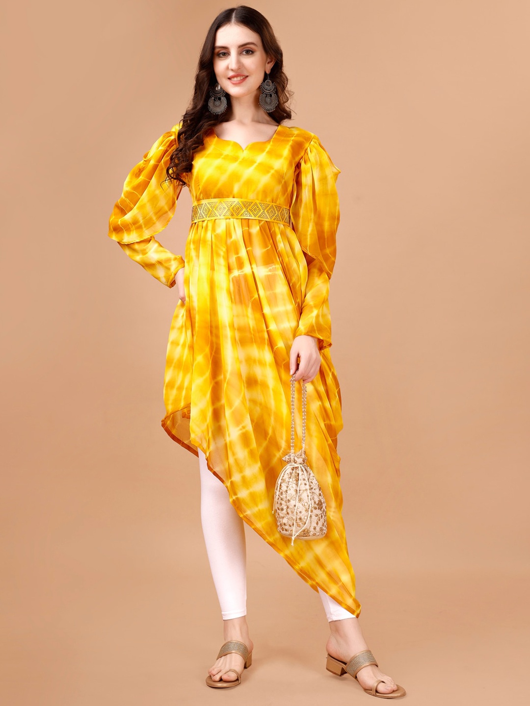 

PMD Fashion Dyed Flared Sleeves High Low Georgette Kurti, Yellow