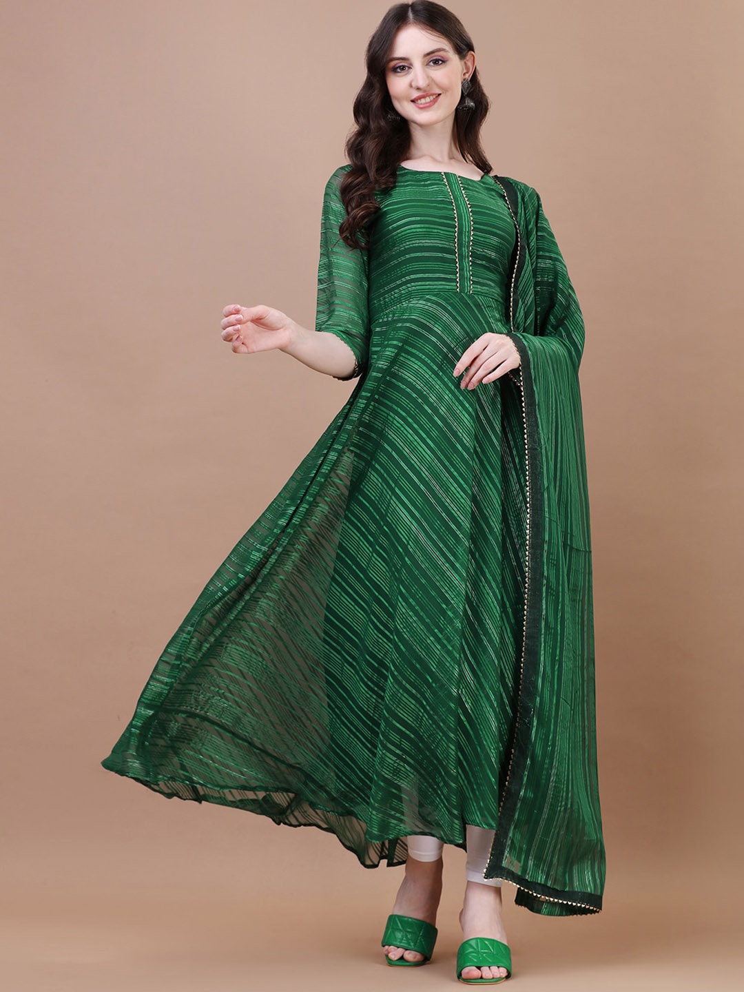 

PMD Fashion Striped Boat Neck Gotta Patti Georgette Anarkali Kurta, Green