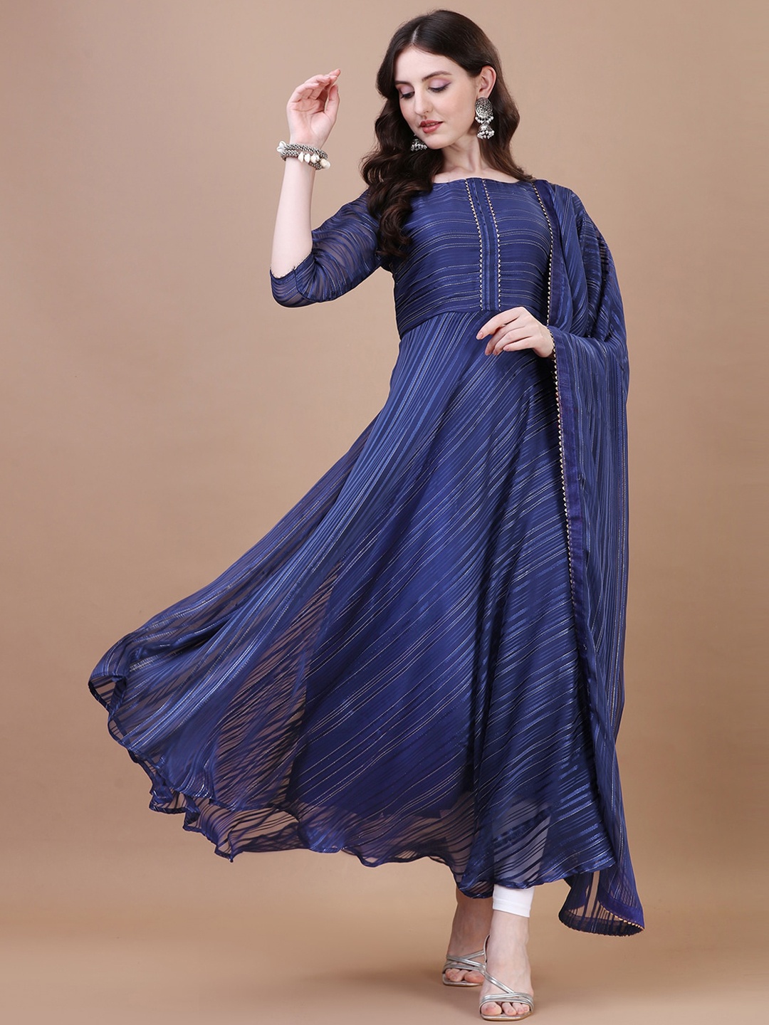

PMD Fashion Striped Boat Neck Gotta Patti Georgette Anarkali Kurta, Blue