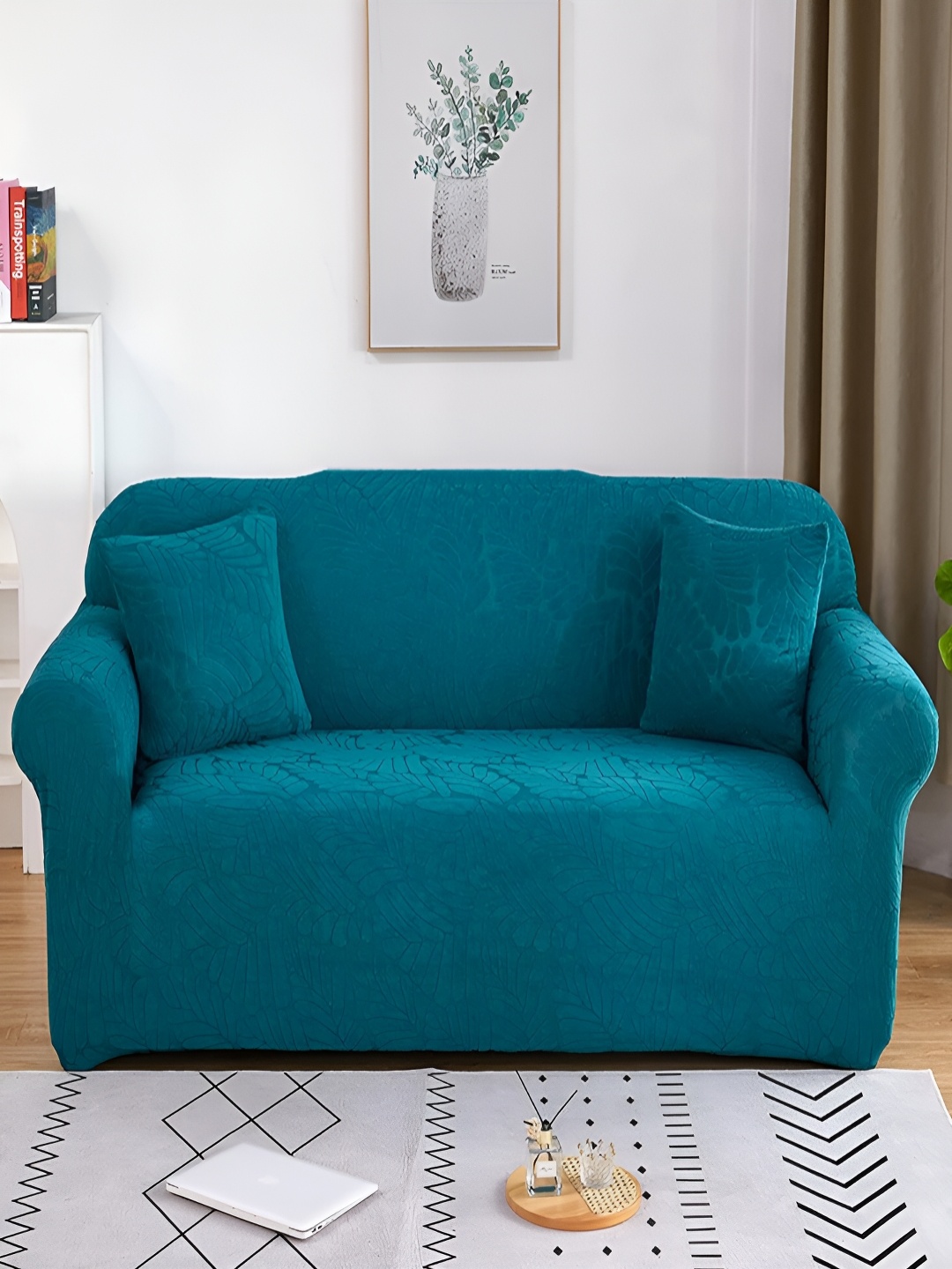 

HOUSE OF QUIRK Teal Blue Self Design Jacquard Stretchable Four Seater Sofa Cover With Arms