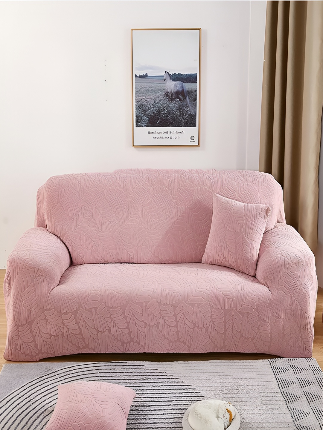 

HOUSE OF QUIRK Pink Self Design Jacquard Single Seater Stretchable Sofa Cover With Arms