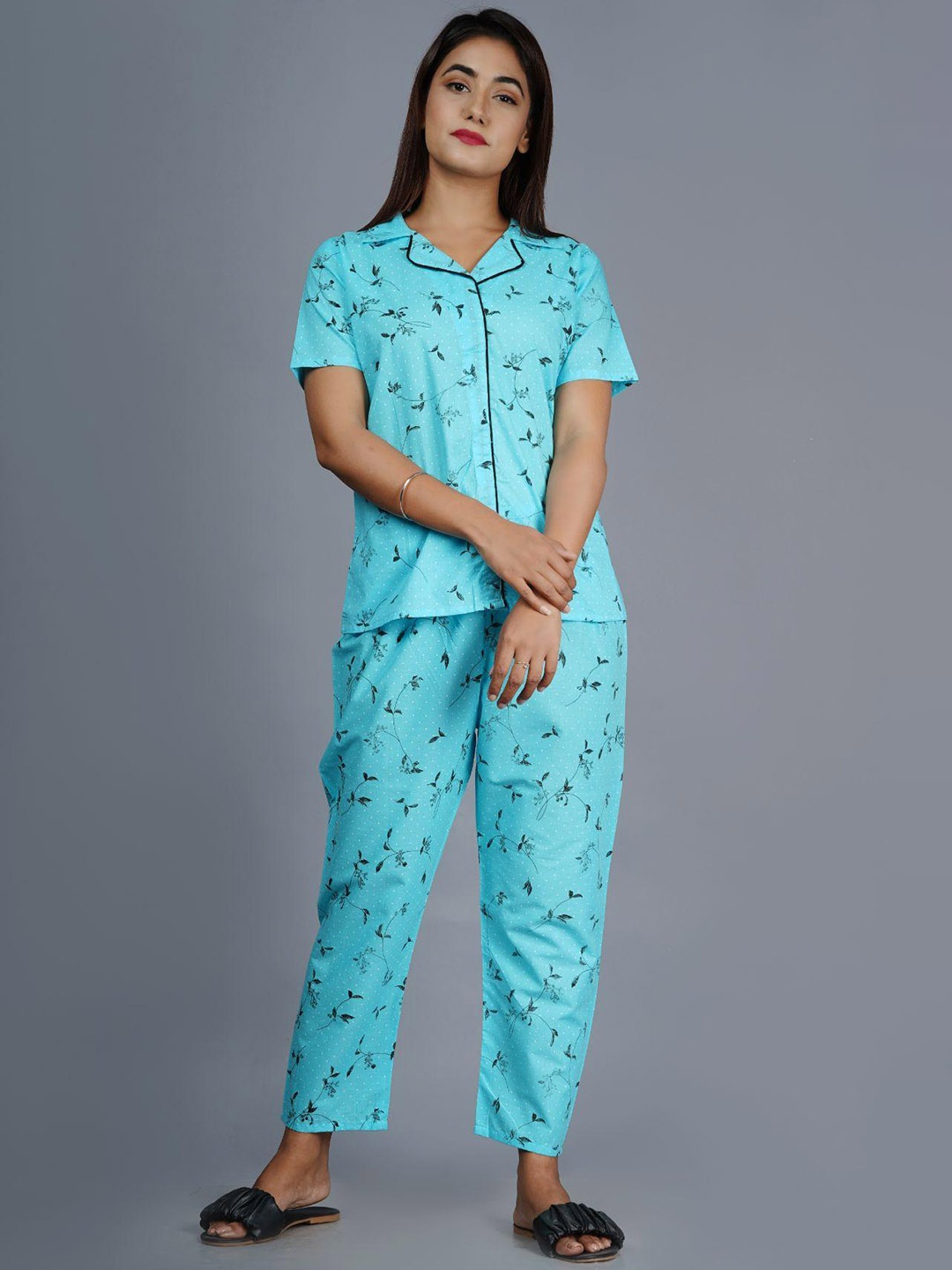 

KALINI Floral Printed Lapel Collar Shirt With Pyjamas, Blue