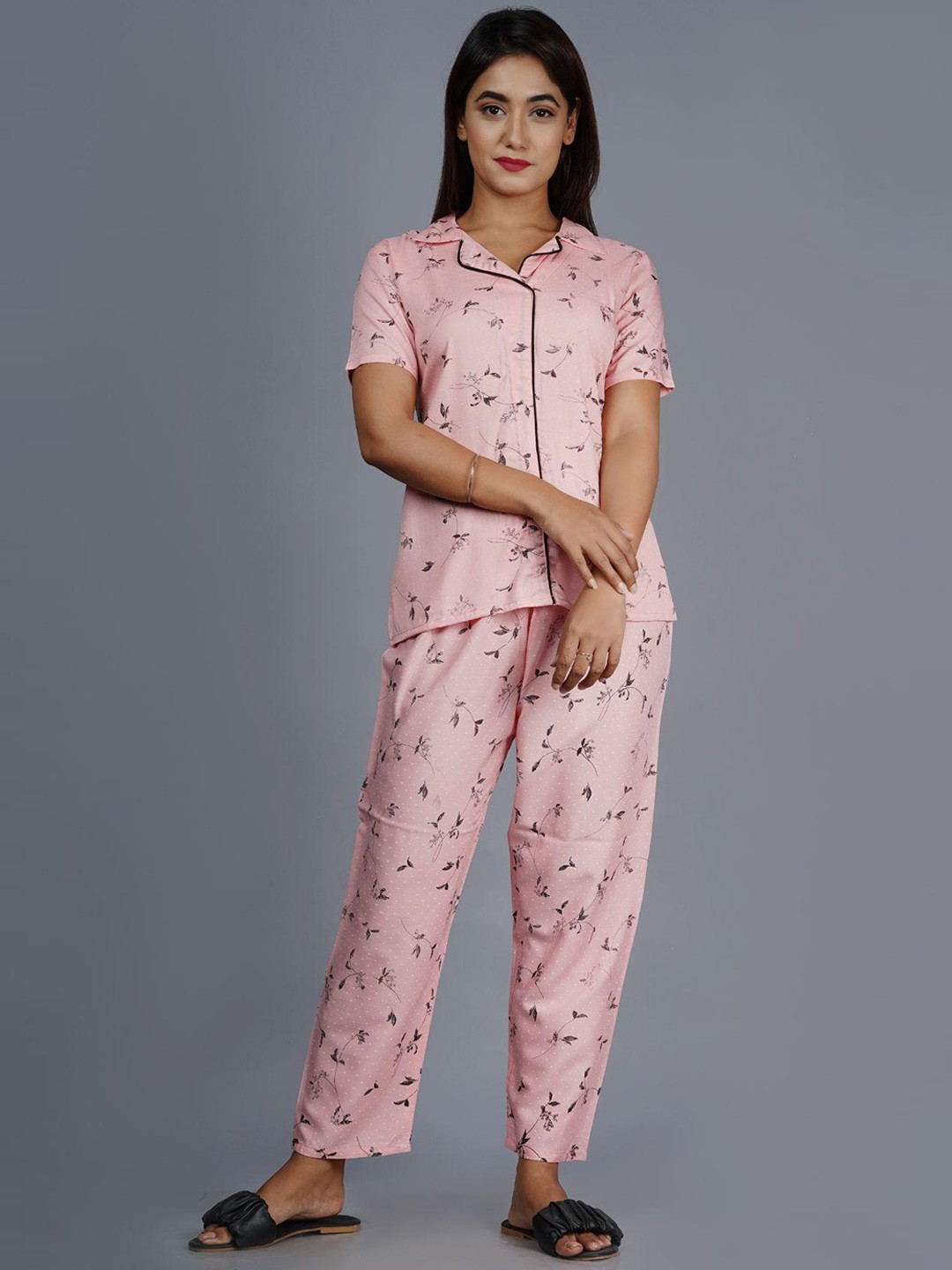 

KALINI Floral Printed Lapel Collar Shirt With Pyjamas, Pink