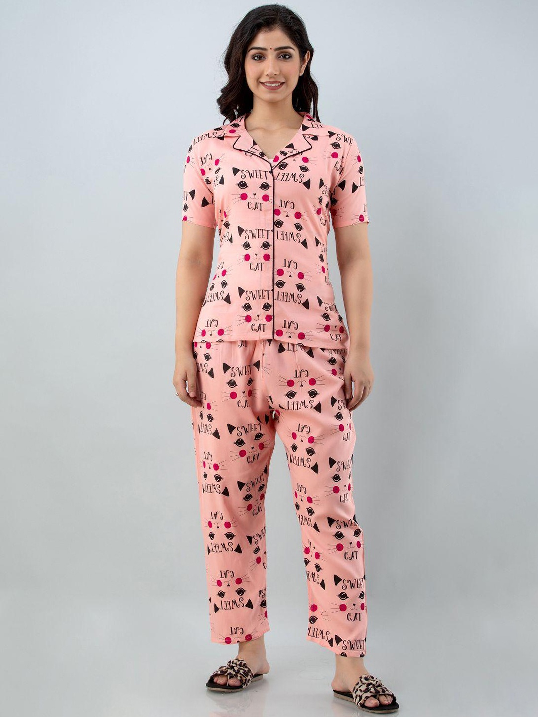 

KALINI Conversational Printed Lapel Collar Shirt With Pyjamas, Pink