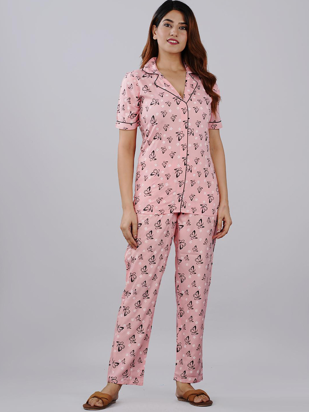 

KALINI Conversational Printed Lapel Collar Shirt With Pyjamas, Pink