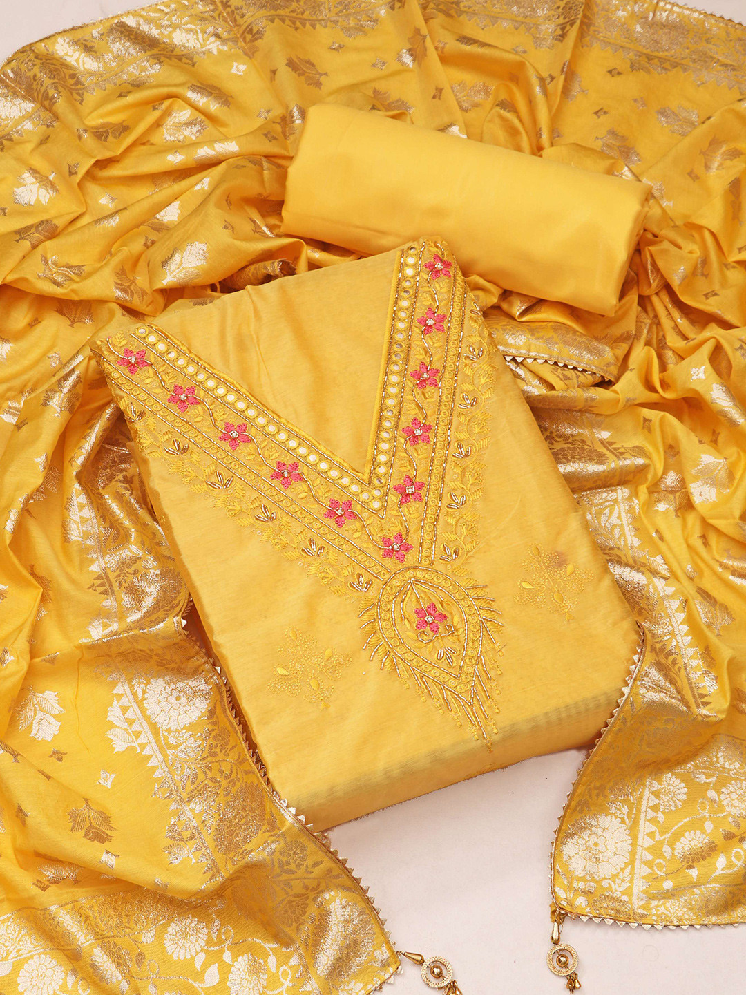 

STAVA CREATION Ethnic Motifs Embroidered Unstitched Dress Material, Yellow