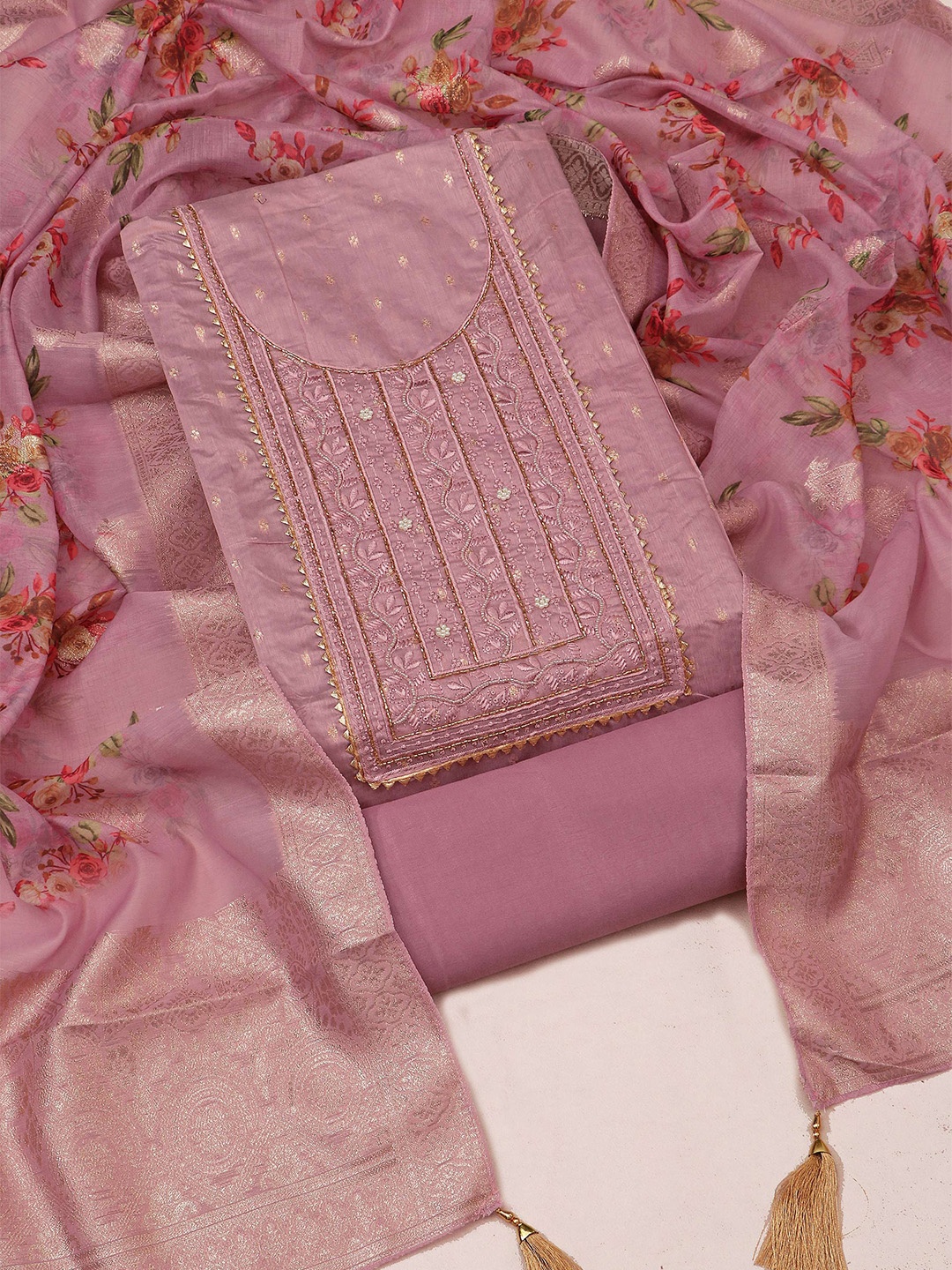 

STAVA CREATION Ethnic Motifs Woven Design Unstitched Dress Material, Pink