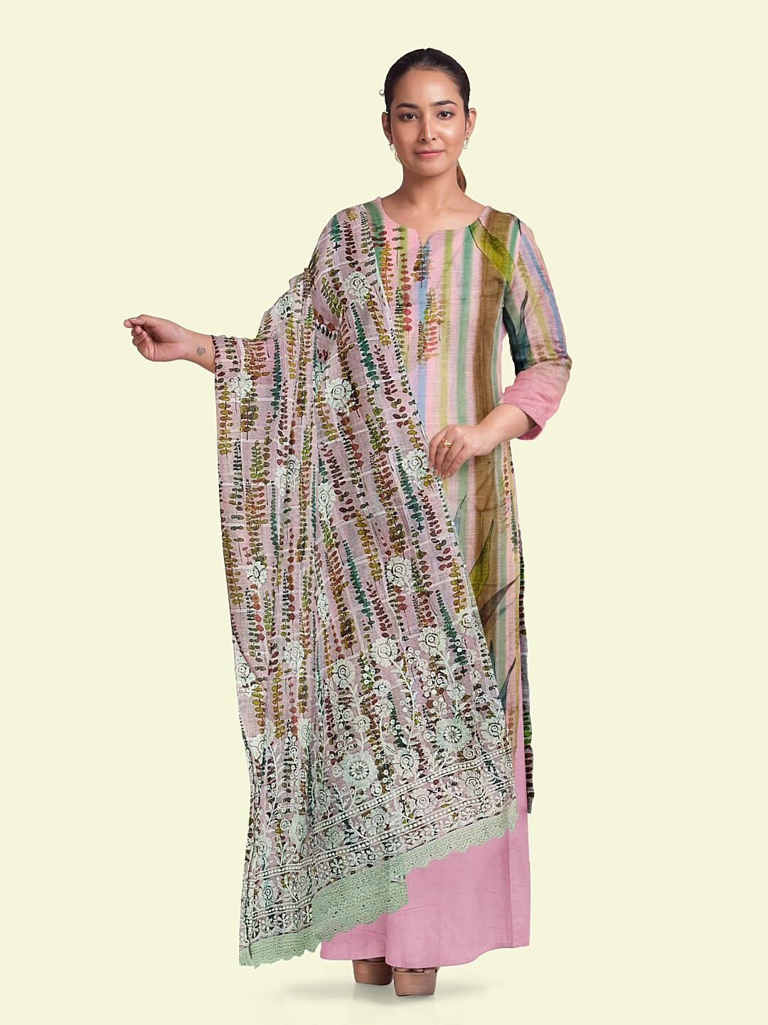 

STAVA CREATION Embroidered Linen Unstitched Dress Material, Pink