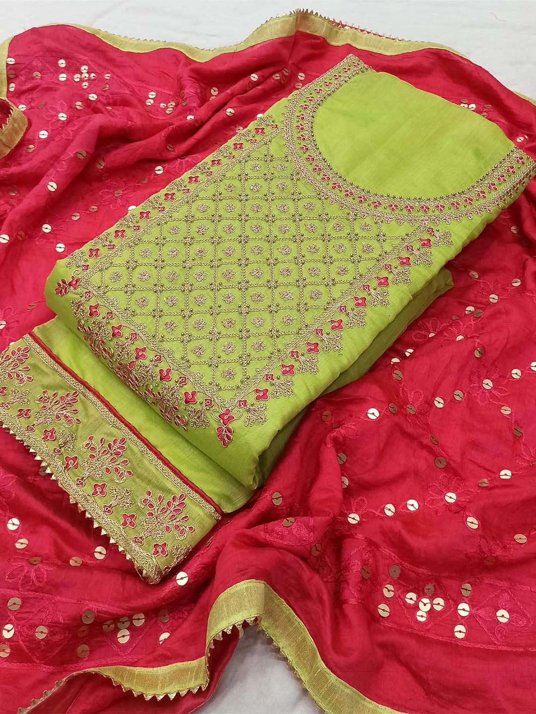

STAVA CREATION Ethnic Motifs Embroidered Beads & Stones Unstitched Dress Material, Green