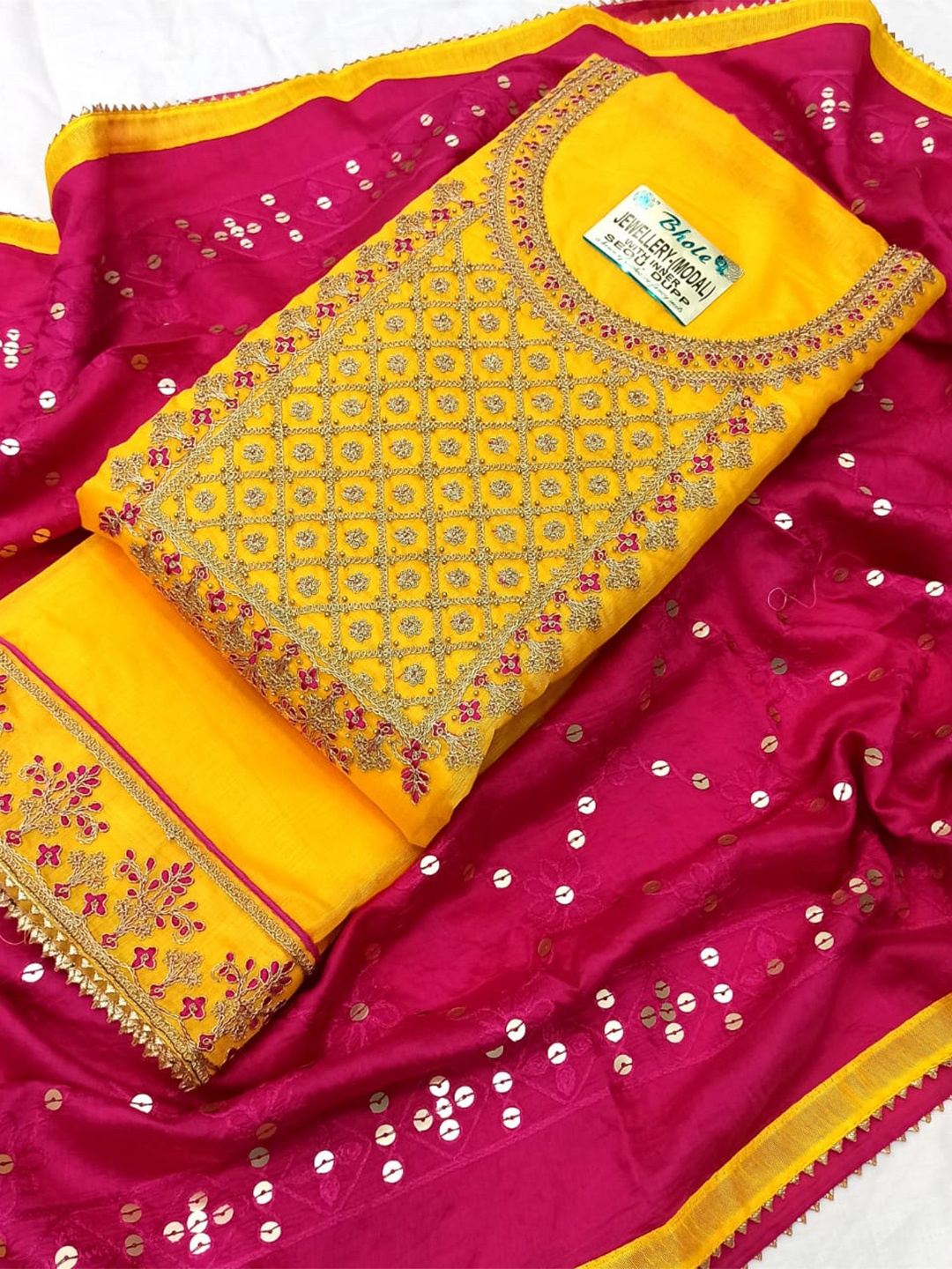 

STAVA CREATION Ethnic Motifs Embroidered Beads & Stones Unstitched Dress Material, Yellow