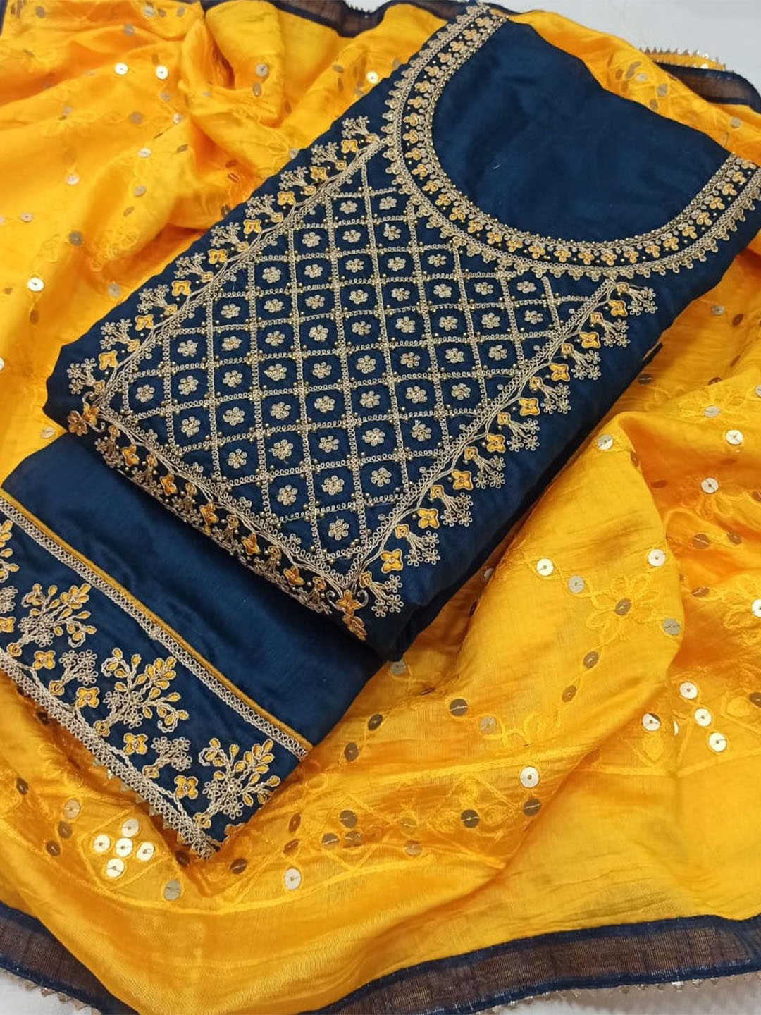 

STAVA CREATION Ethnic Motifs Embroidered Beads & Stones Unstitched Dress Material, Blue