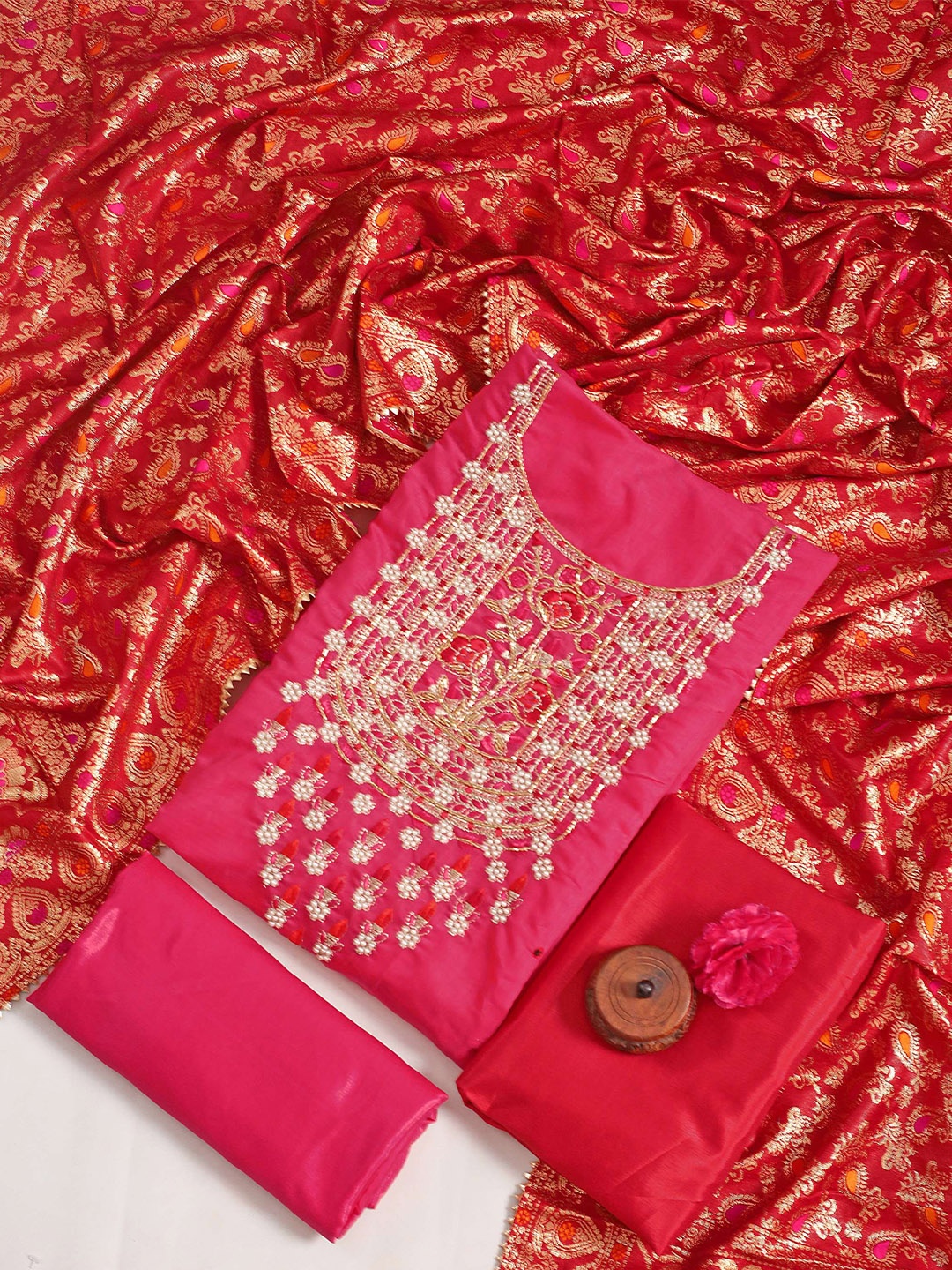 

STAVA CREATION Floral Embroidered Unstitched Dress Material, Pink