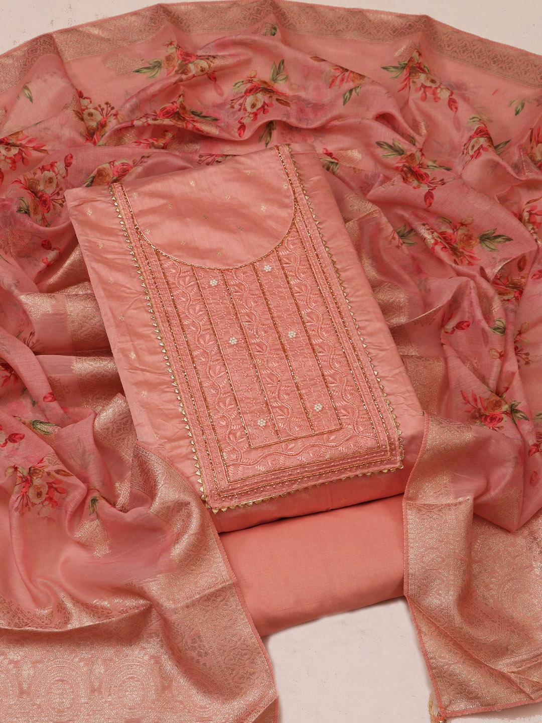 

STAVA CREATION Ethnic Motifs Embroidered Beads & Stones Unstitched Dress Material, Peach