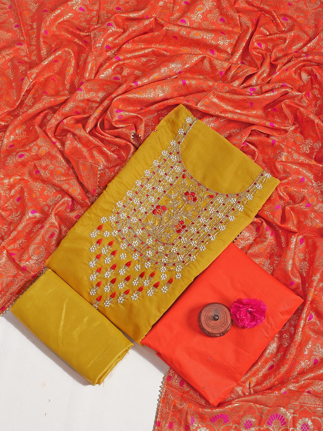 

STAVA CREATION Floral Embroidered Unstitched Dress Material, Yellow